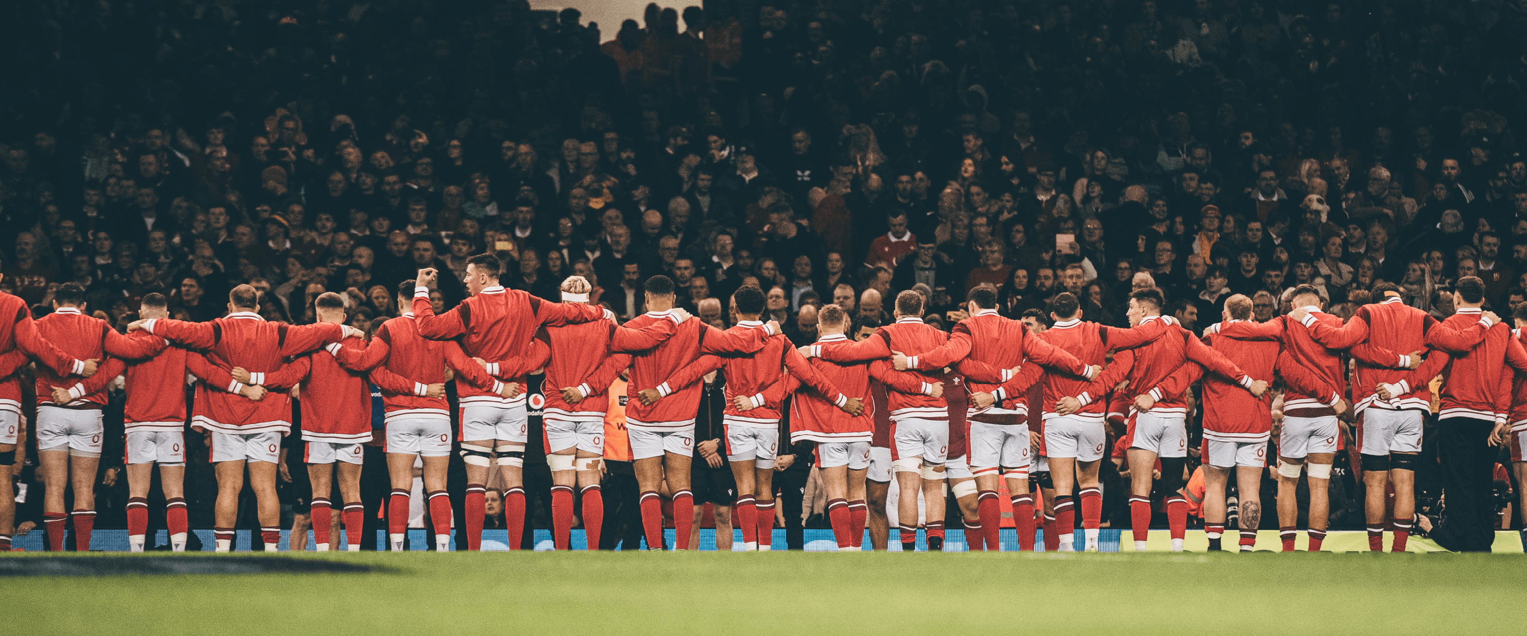 Welsh rugby team national anthem Welsh rugby team lining up to sing the national anthem before a match at Principality Stadium