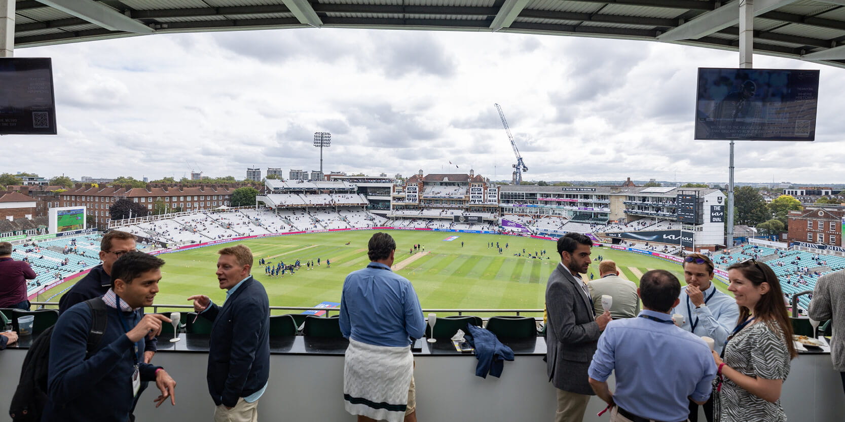View of the pitch at The Kia Oval cricket ground in London from the Corinthian Roof Terrace hospitality facility