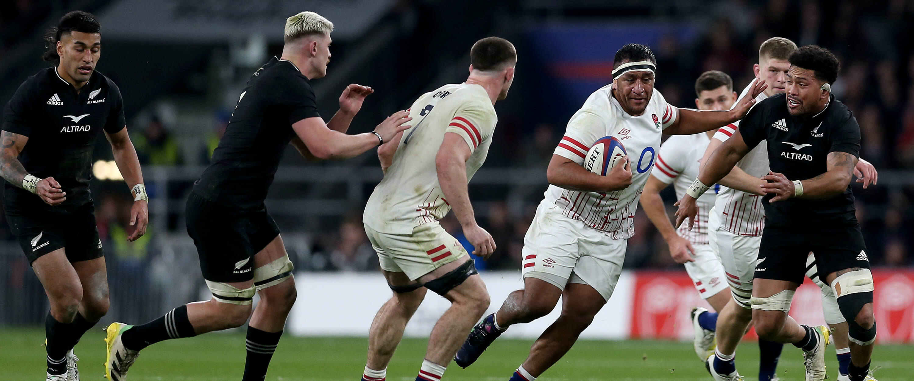 England Rugby player Mako Vunipola running with the ball during a match against New Zealand in the Autumn Nations Series
