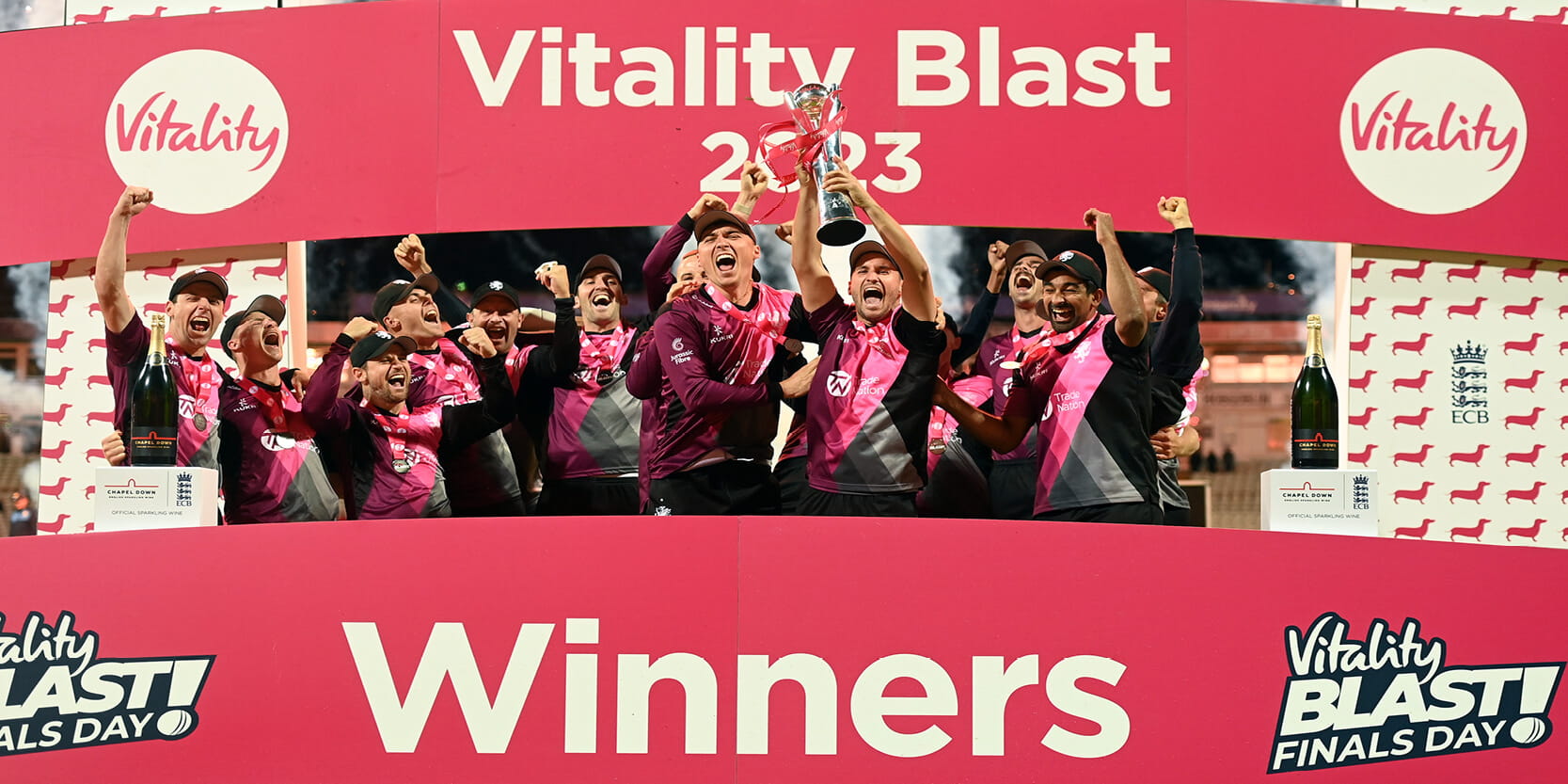 Somerset T20 cricket team lifting the trophy after winning the T20 Finals in 2023 at Edgbaston Stadium