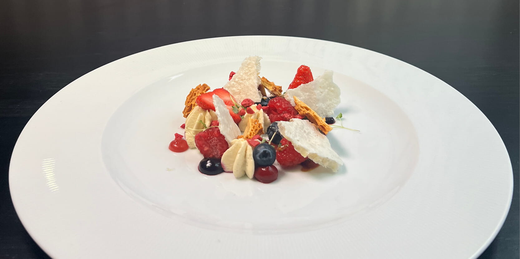 A vegan berry eton mess created by chef and tv personality Glynn Purnell that will be served to guests in the Warwickshire Suite at Edgbaston Stadium for match days in 2024
