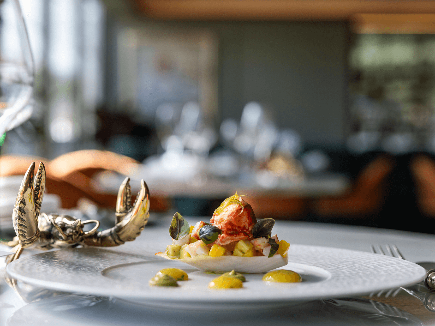 Lobster dish plated up cooked by Michel Roux Jr at Le Gavroche at The Lawn hospitality at Wimbledon