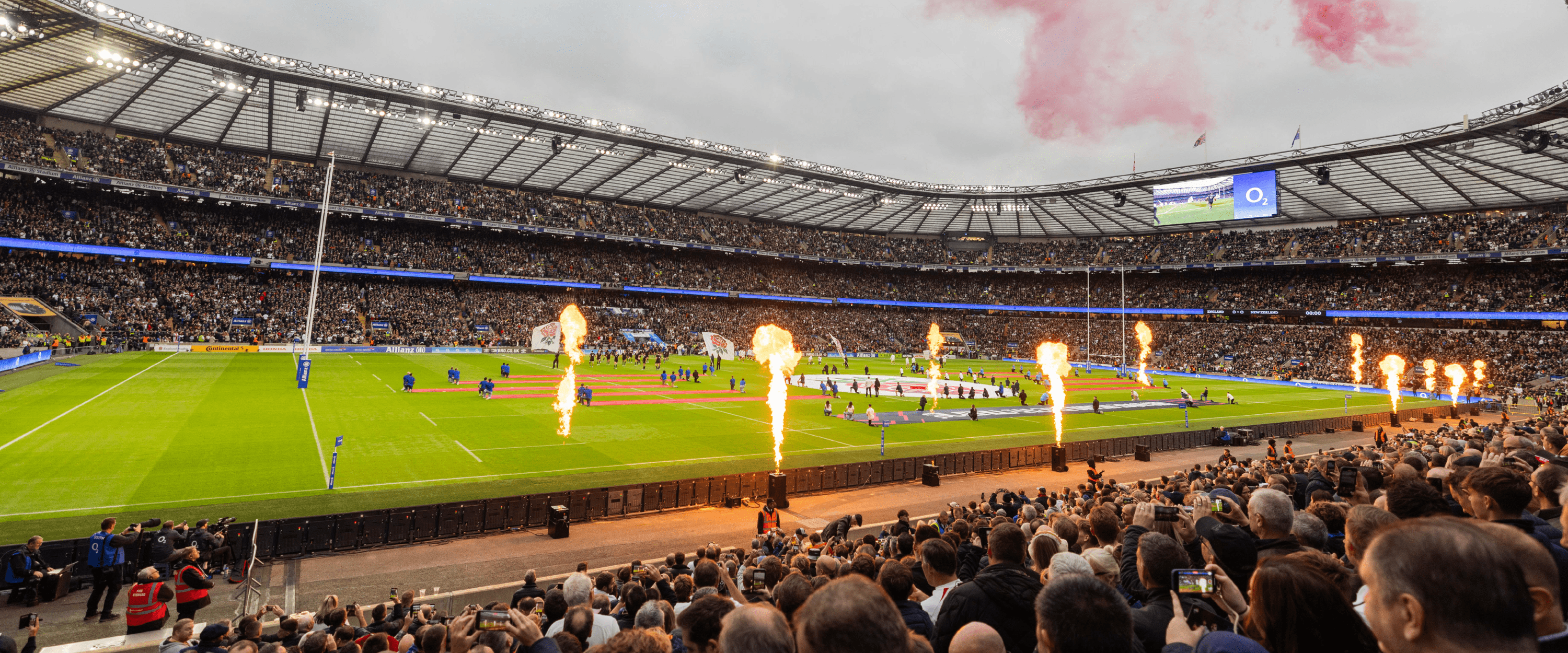 View of Allianz Stadium rugby pitch with fireworks going off before England v New Zealand in the 2024 Autumn Nations Series