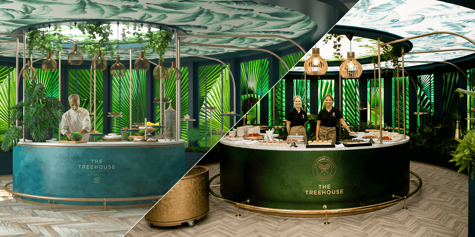 CGI image and real life image of the Treehouse hospitality space at Wimbledon