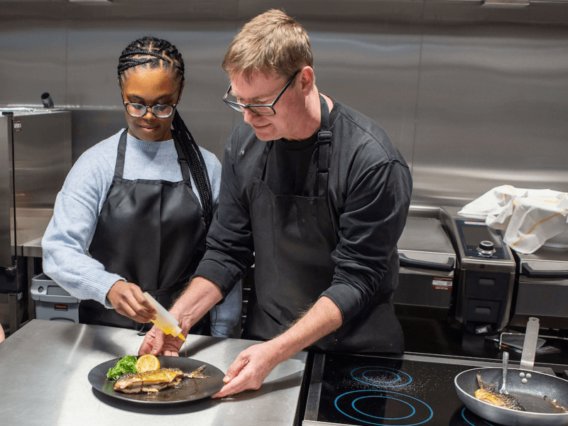 Chef Steven Lamb taking an Xcelerate cooking class at Edgbaston Stadium Knife Skills