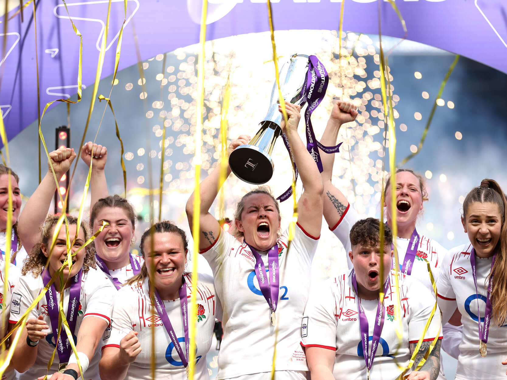 England's Red Roses celebrating winning the Guinness Six Nations