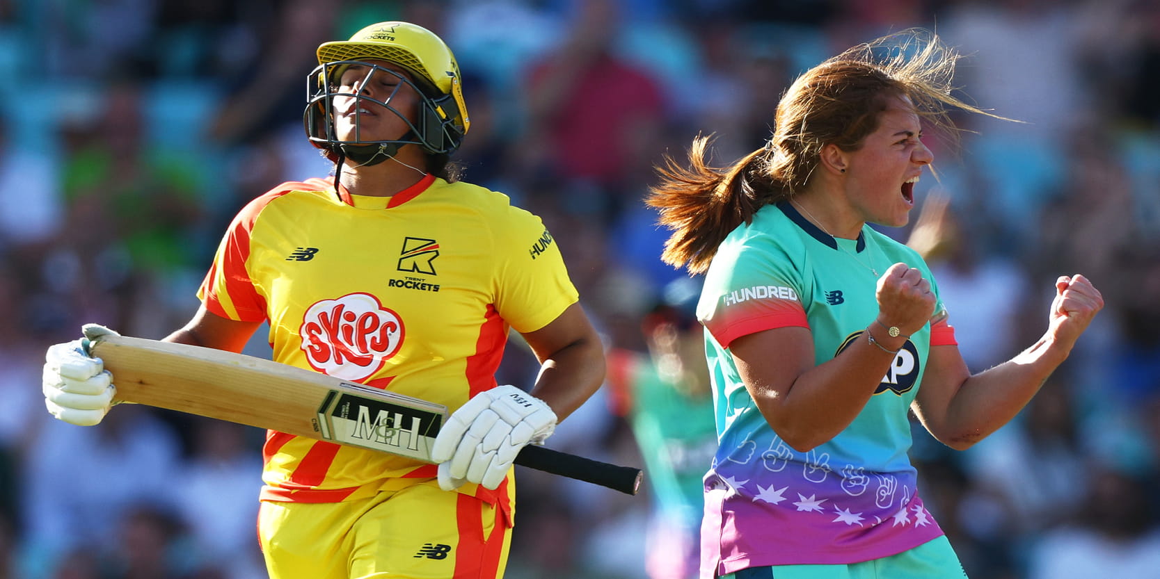 Oval Invincibles women's player celebrating during The Hundred game against Trent Rockets 