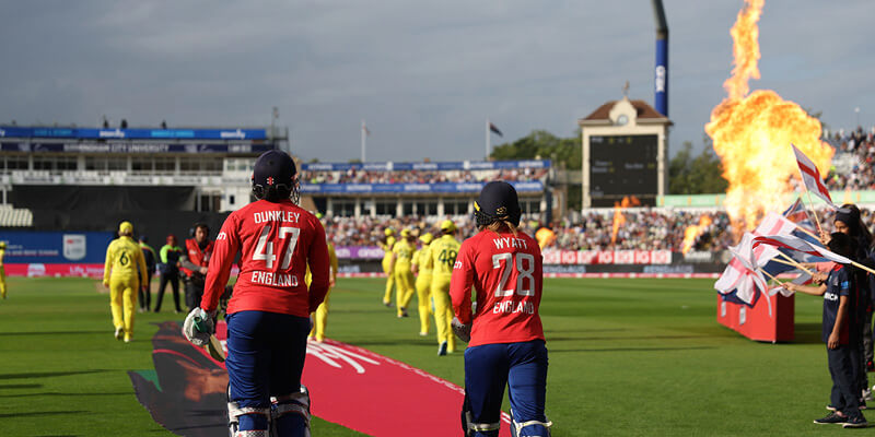 England women step out to the crease in an IT20 at Edgbaston Stadium