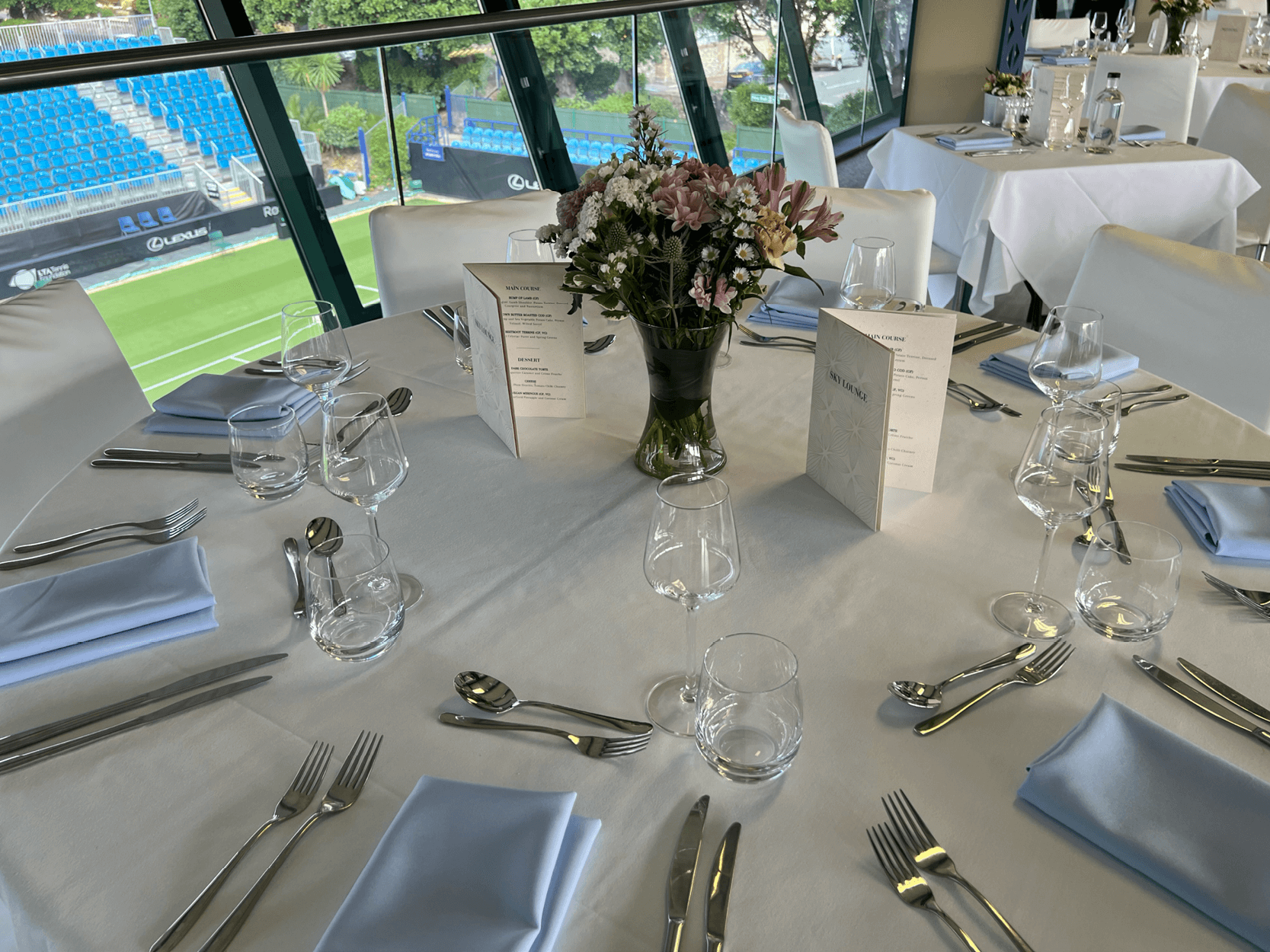 Table setting ready for guests in the Sky Lounge hospitality facility at the Rothesay International Eastbourne