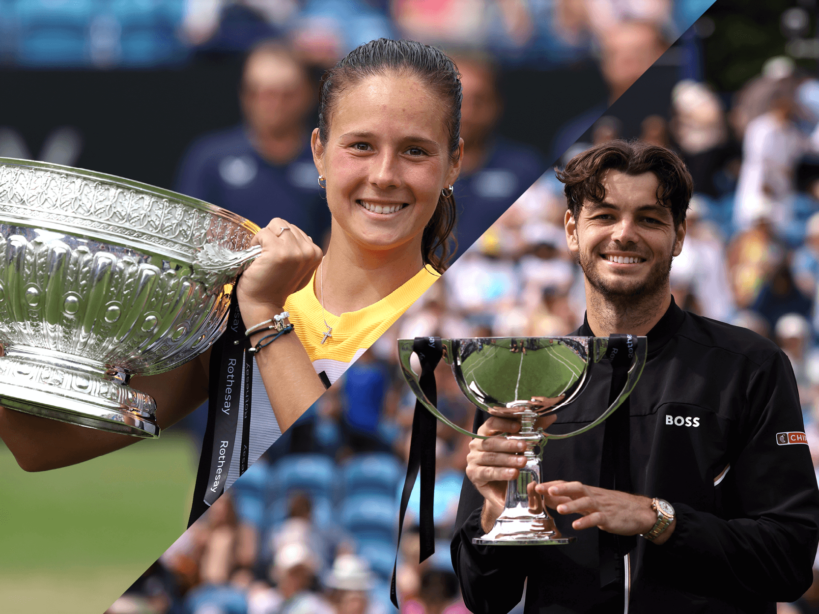 Photo of the 2024 Eastbourne champions Taylor Fritz and Daria Kasatkina holding the trophy