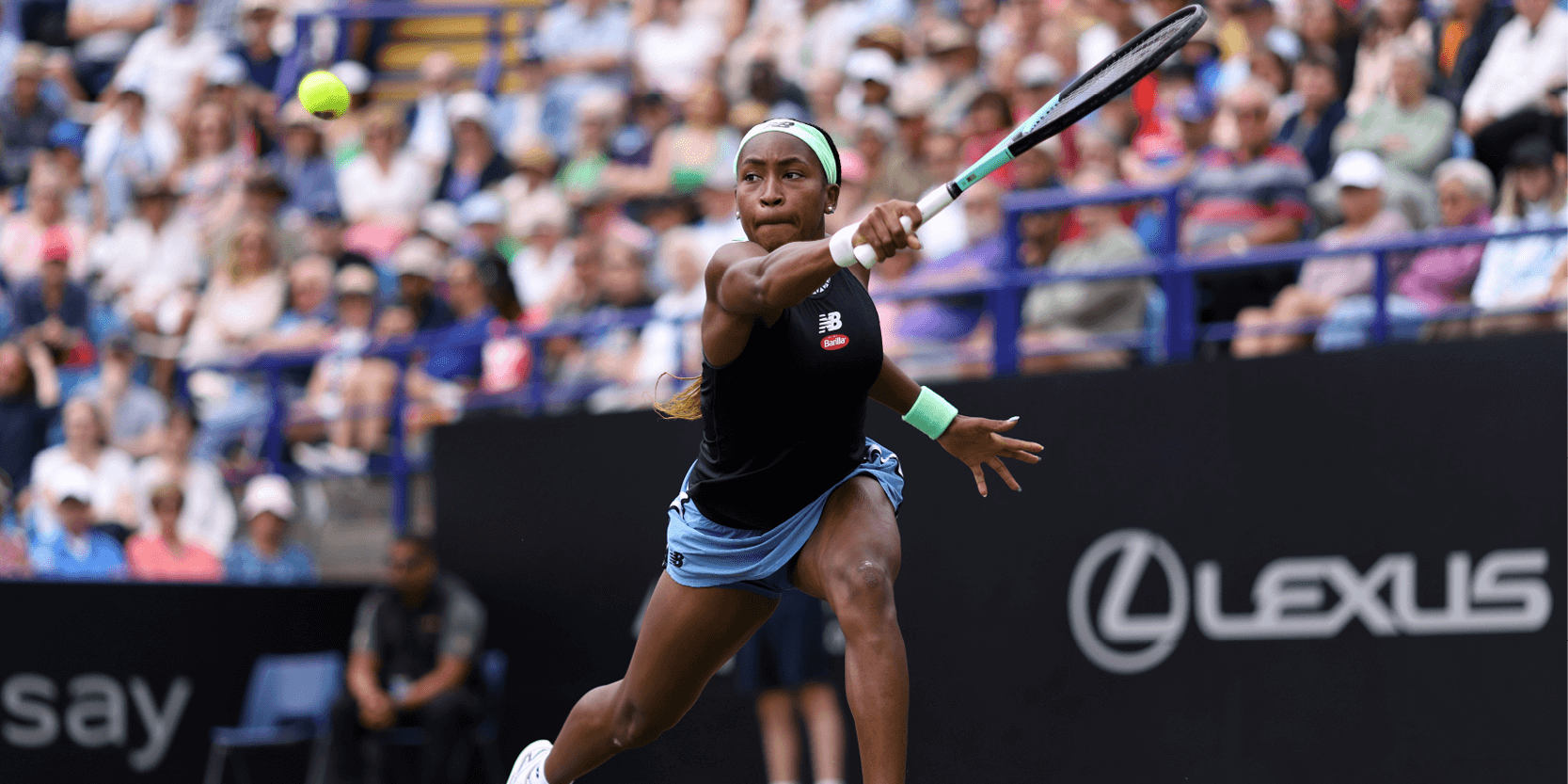 Women's tennis player Coco Gauff playing in a match at the Rothesay International Eastbourne 