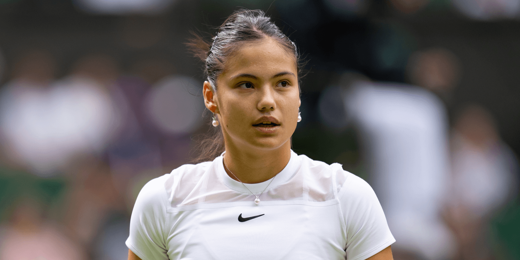 British women's tennis player Emma Raducanu playing at The Championships Wimbledon