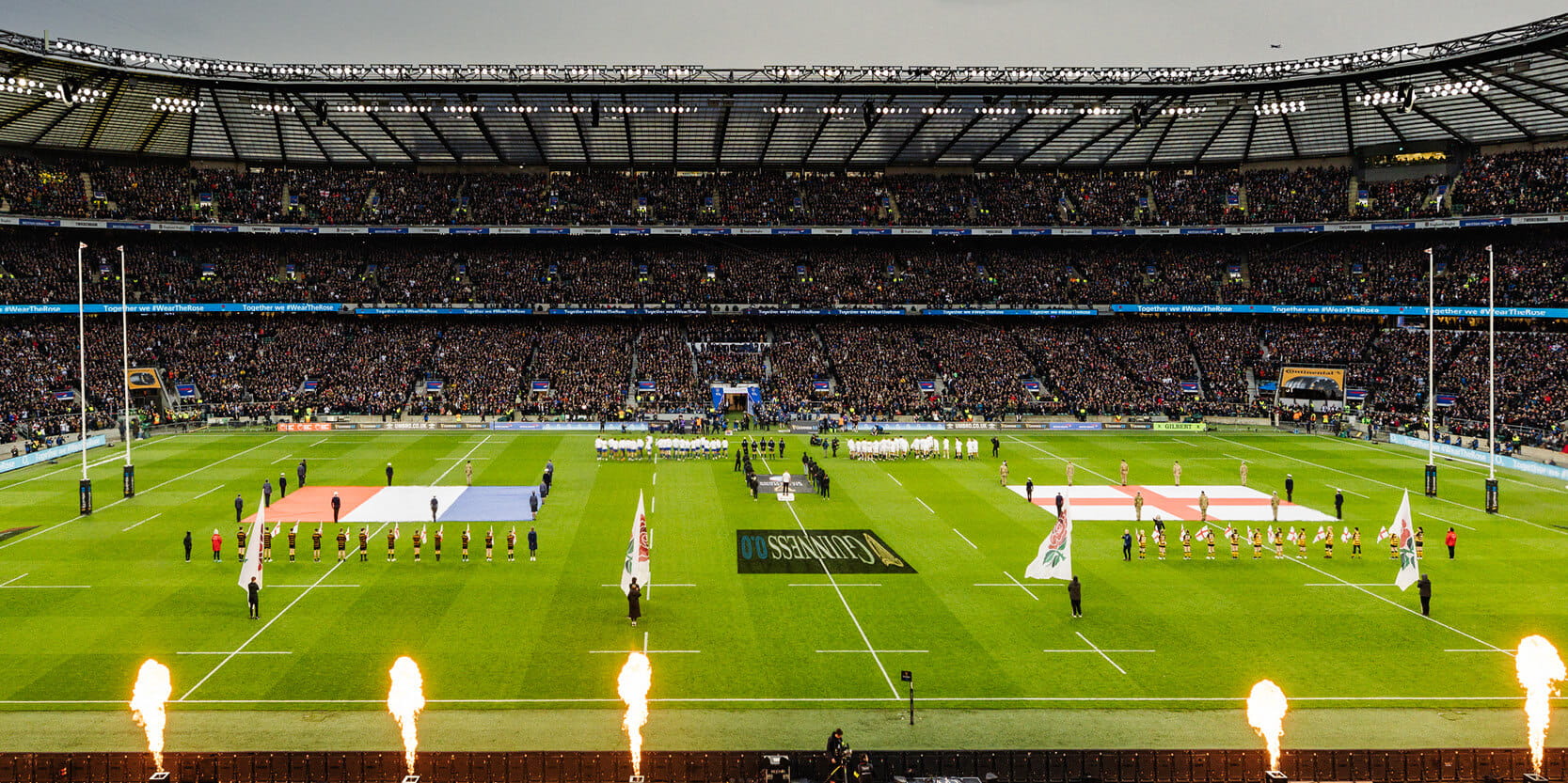 Rugby pitch at Twickenham Stadium during the Guinness Six Nations against France in 2023 with fireworks