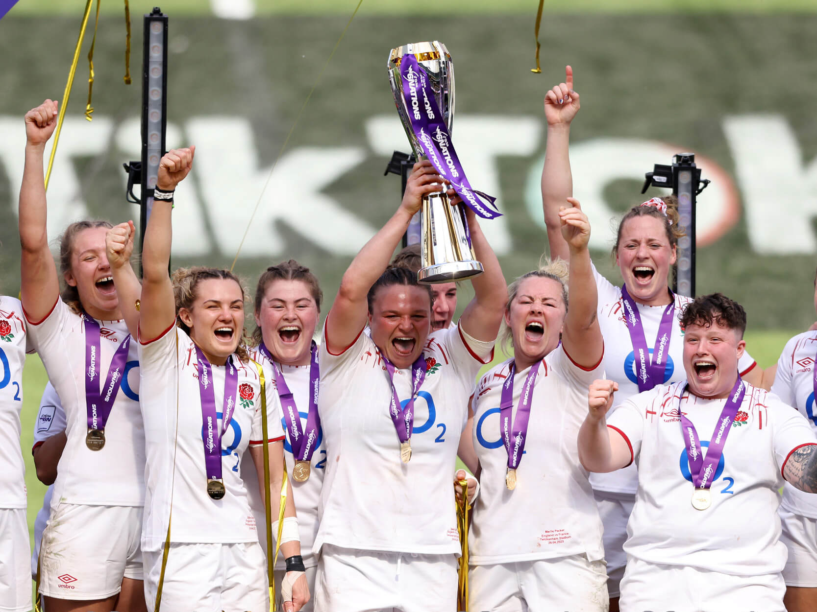 The Red Roses lifting the trophy for the 2023 Guinness Women's Six Nations against France
