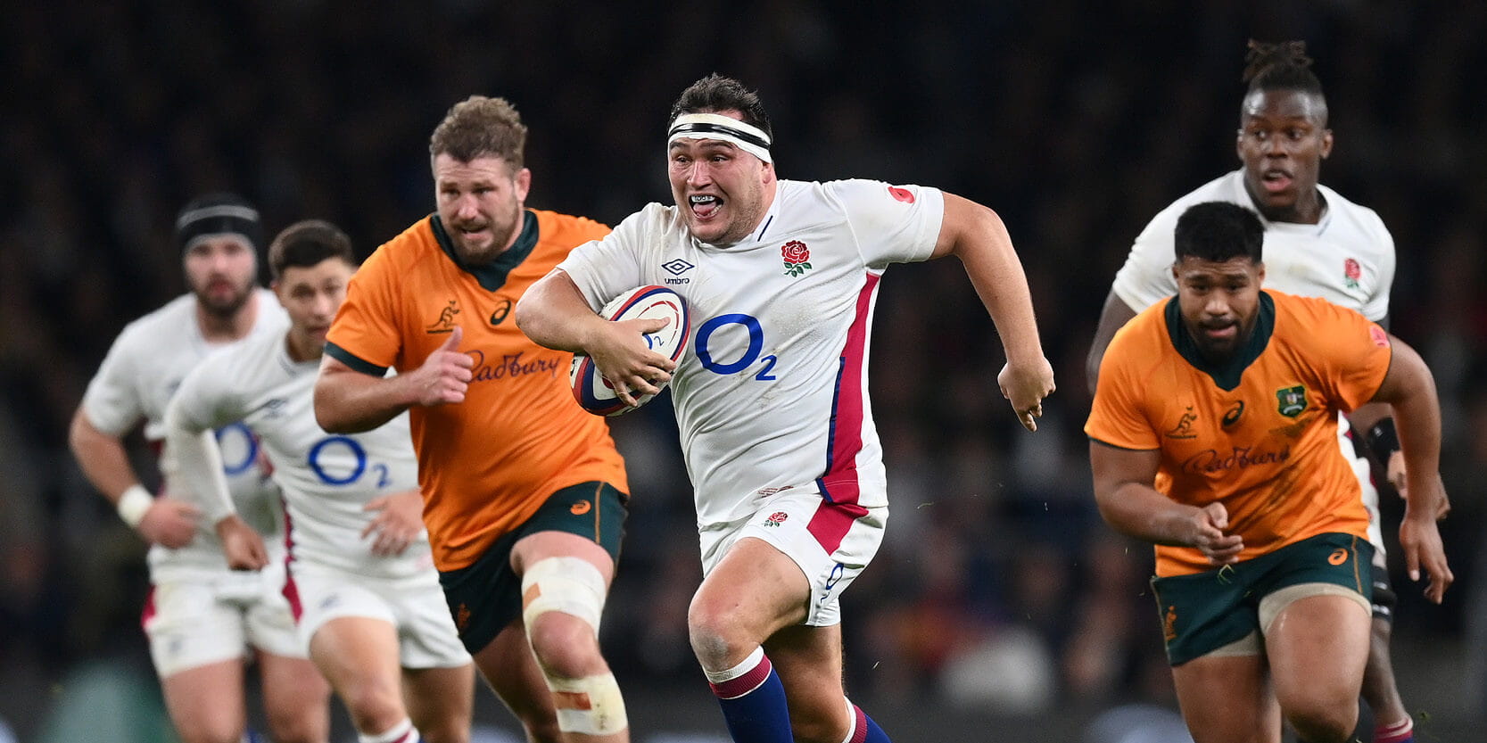 Jamie Georgie running with the ball at Twickenham Stadium against Australia 