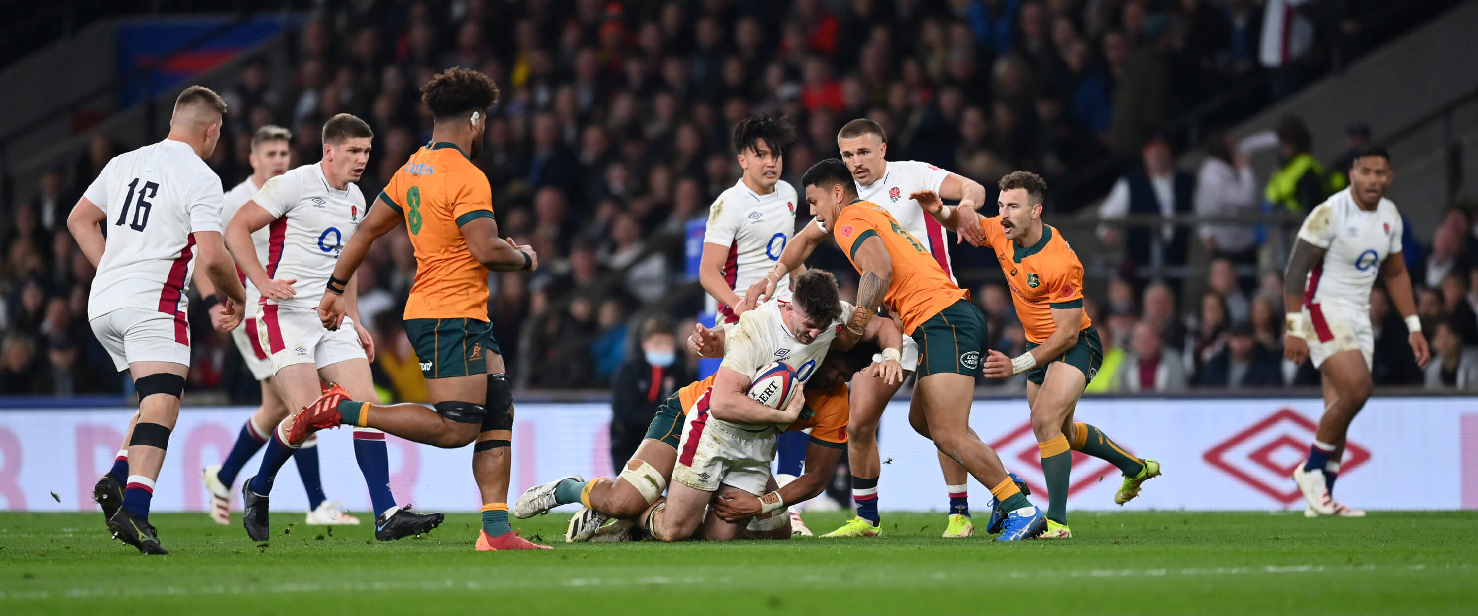 England playing a match against Australia at Twickenham Stadium in the Autumn Nations Series
