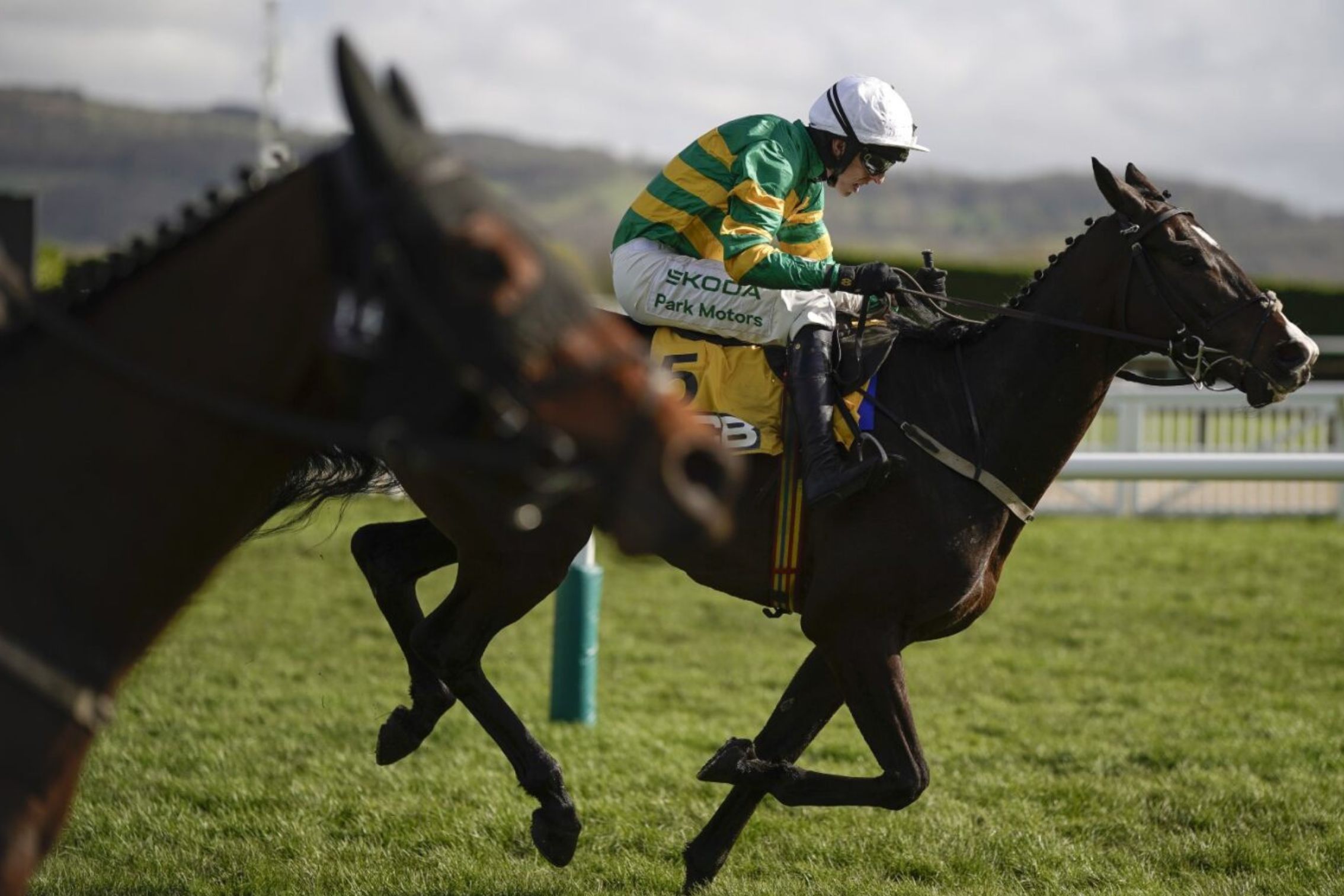 Jockey riding horse in horse race, UK