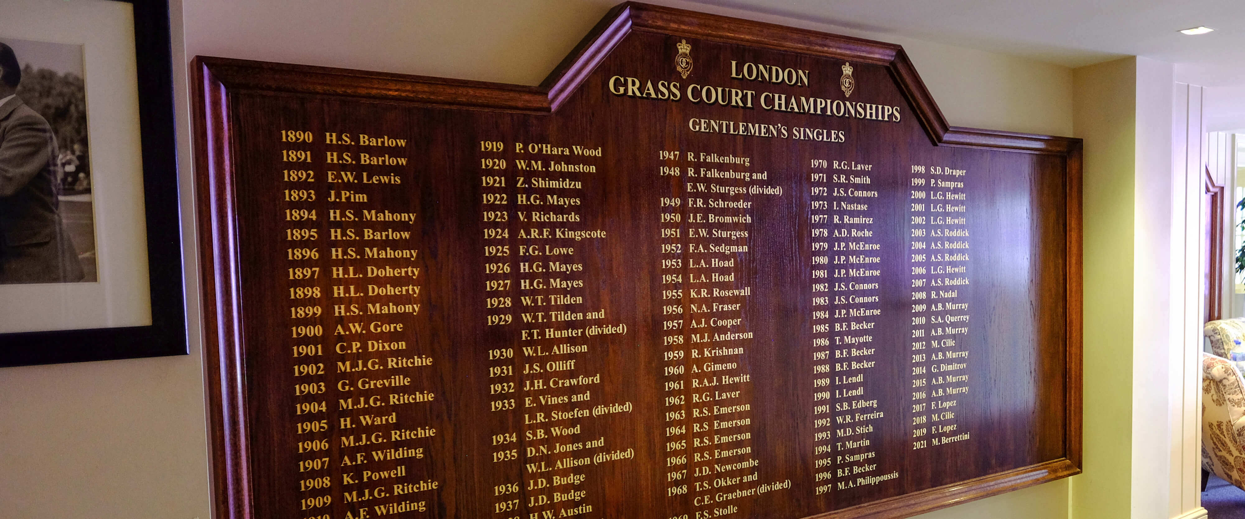 The champions board in the Queen's Tennis Club listing the winners of the Queen's Club Championships tournament
