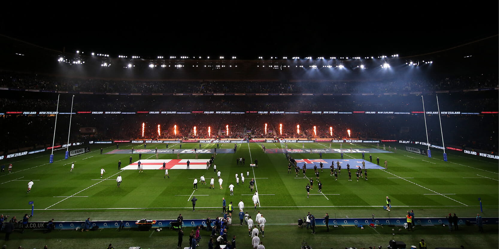 Fireworks going off on the pitch at Twickenham Stadium for the beginning of the England v New Zealand Autumn Nations Series match in 2022