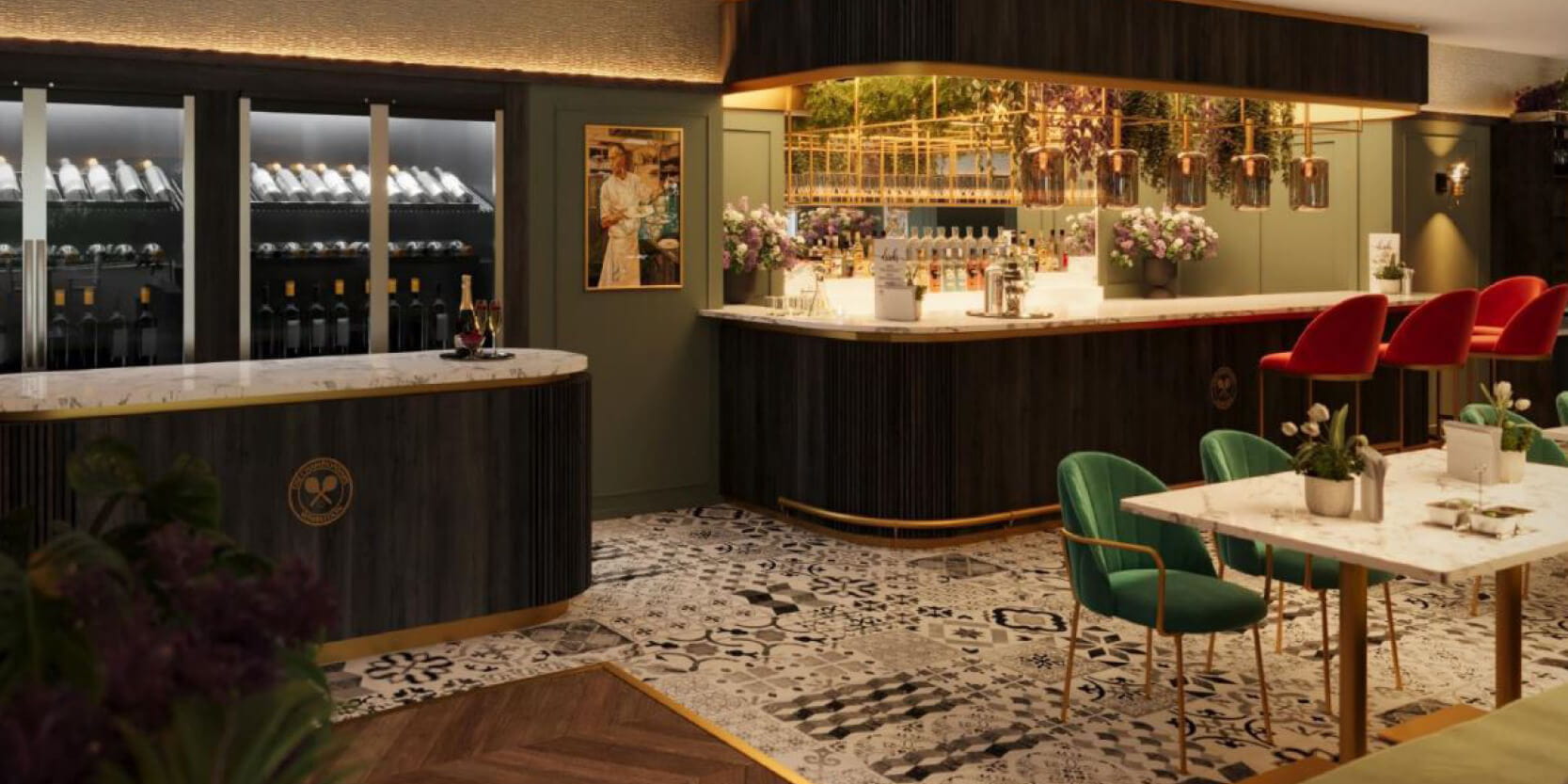 The bar and seating inside the new hospitality facility Le Gavroche at The Lawn at The Championships Wimbledon curated by Ketih Prowse hospitality