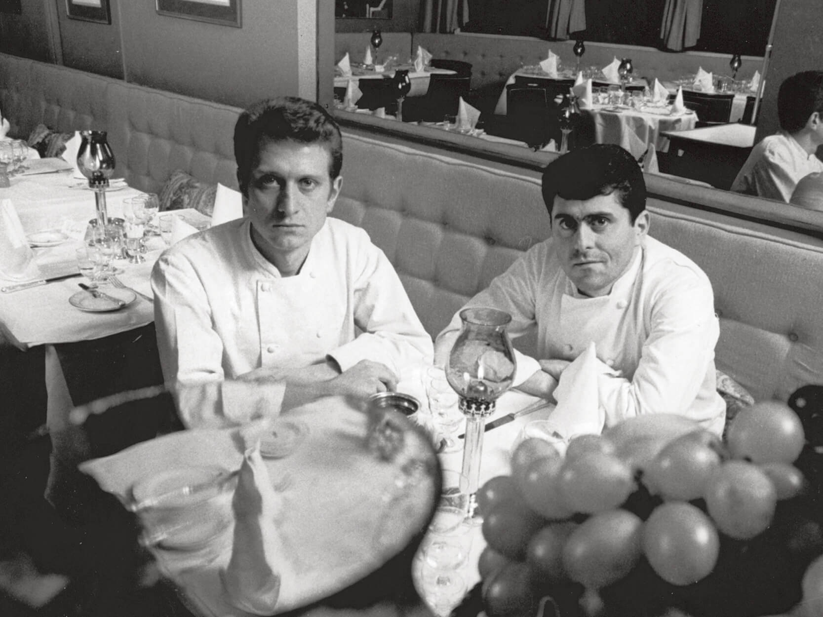 Albert and Michel Roux sat inside Le Gavroche restaurant in Mayfair when it first opened