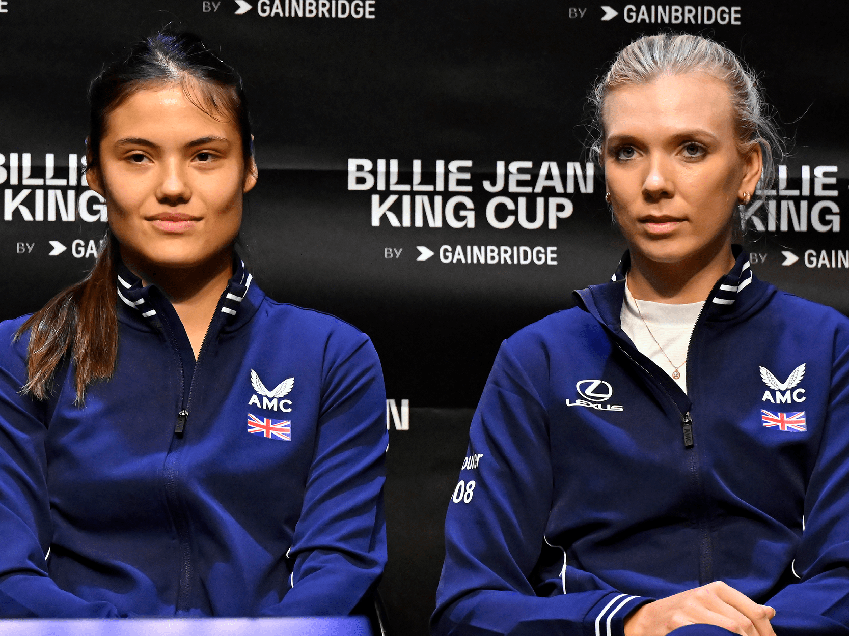 British women's tennis player Emma Raducanu and Katie Boulter during the Billie Jean King Cup for Team GB