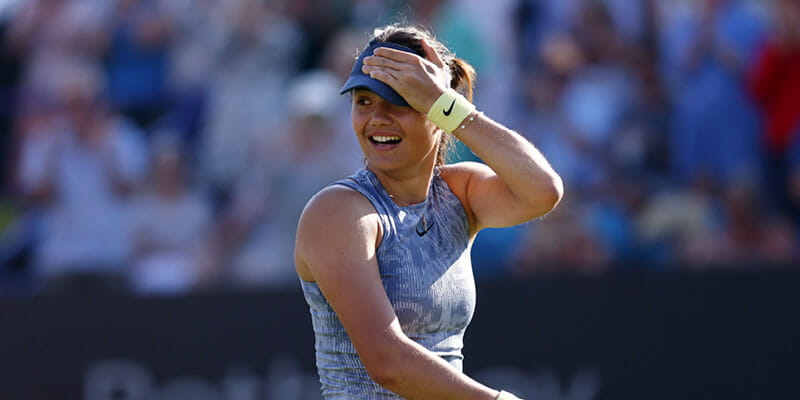 Emma Raducanu - the British World No.1, smiles on court at the 2024 Eastbourne Championships 