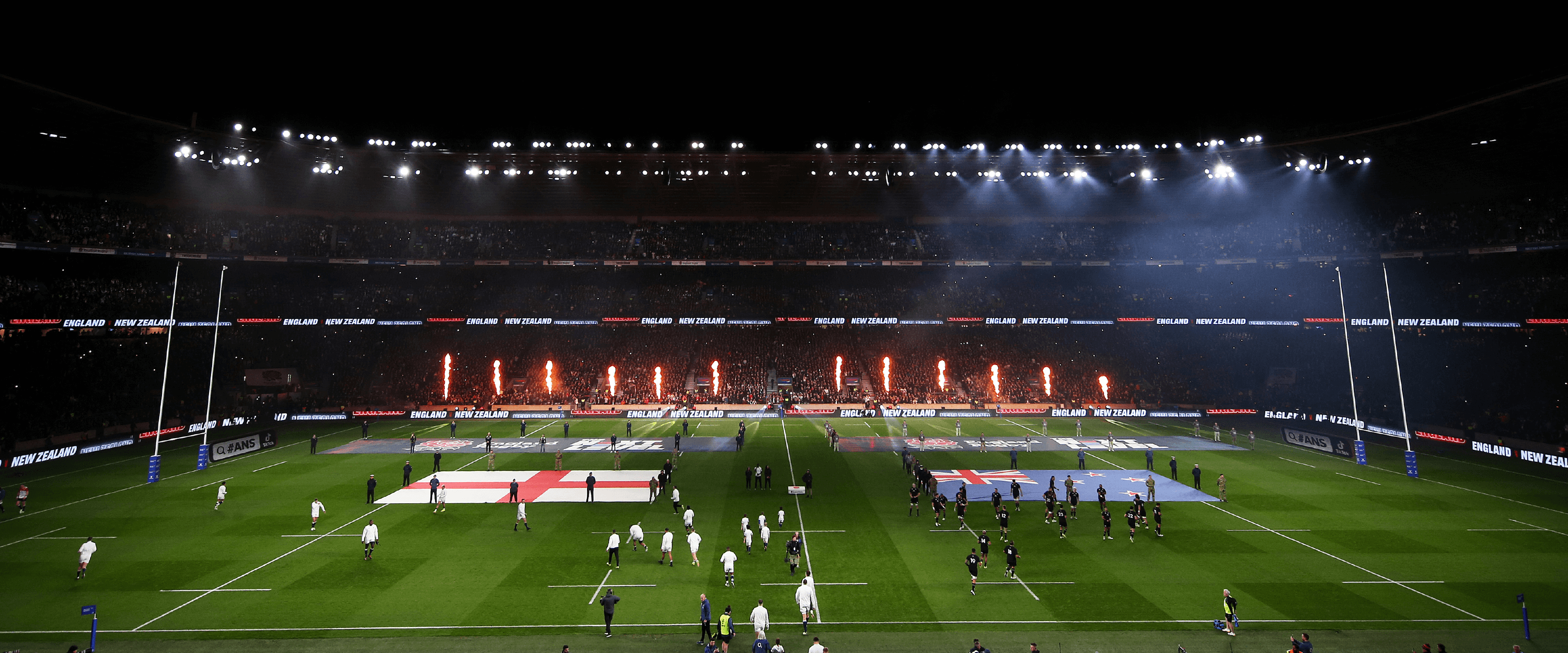 Fireworks over the pitch at Allianz Stadium Twickenham before an England New Zealand match in the Autumn Nations Series