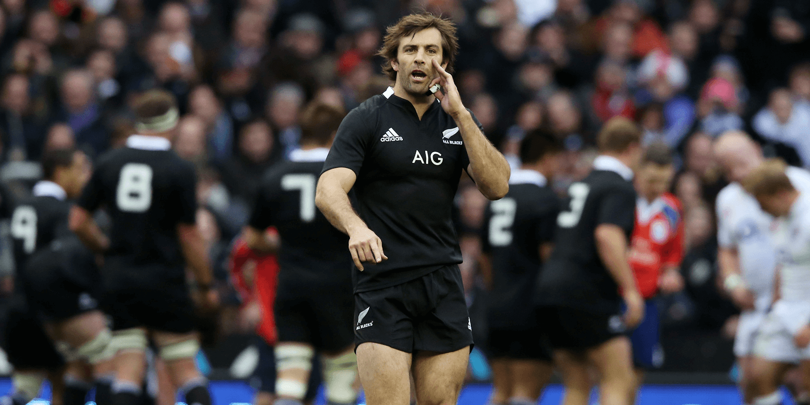 New Zealand rugby player Conrad Smith playing in a match for the All Blacks
