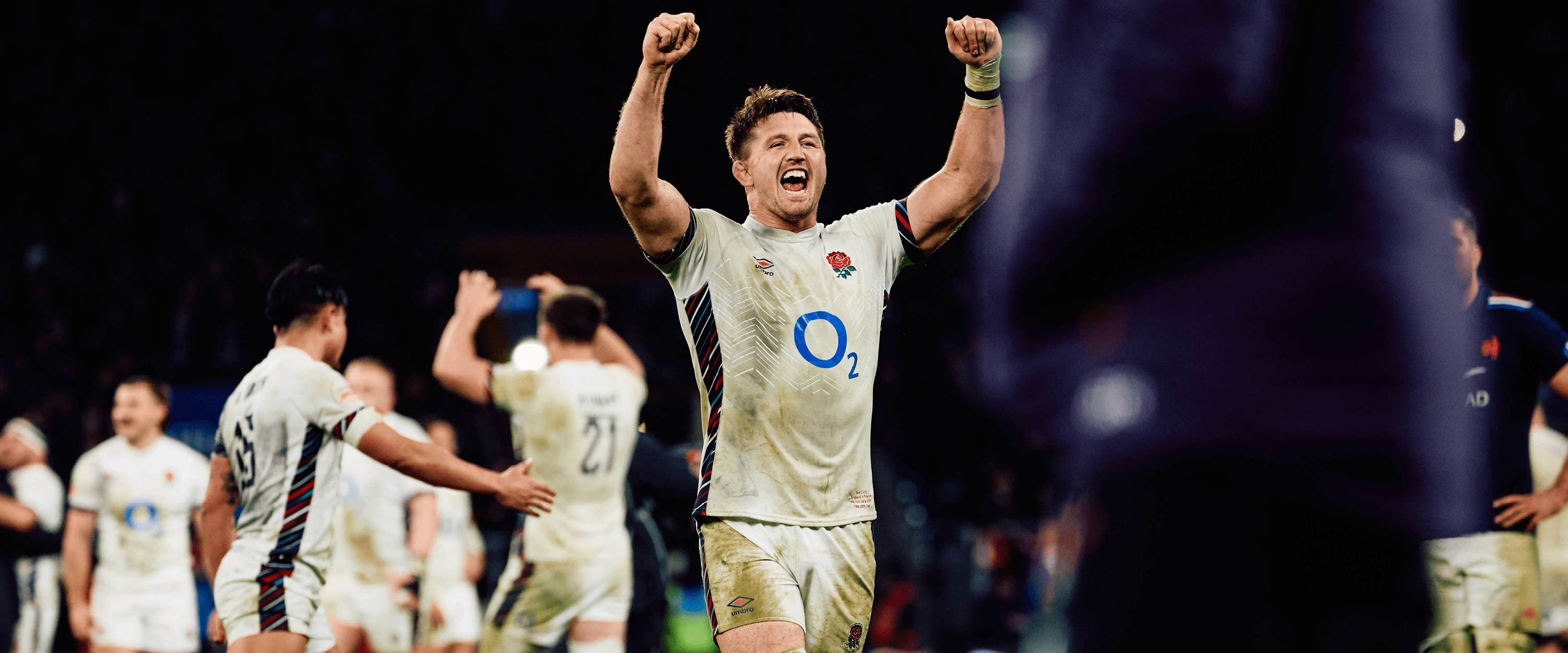 England Rugby team celebrating a win at Allianz Stadium Twickenham in the 2025 Guinness Men's Six Nations tournament