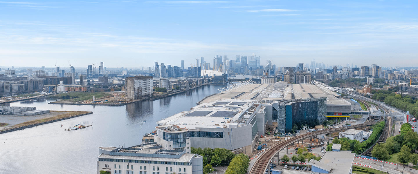 drone view of excel london and the london skyline