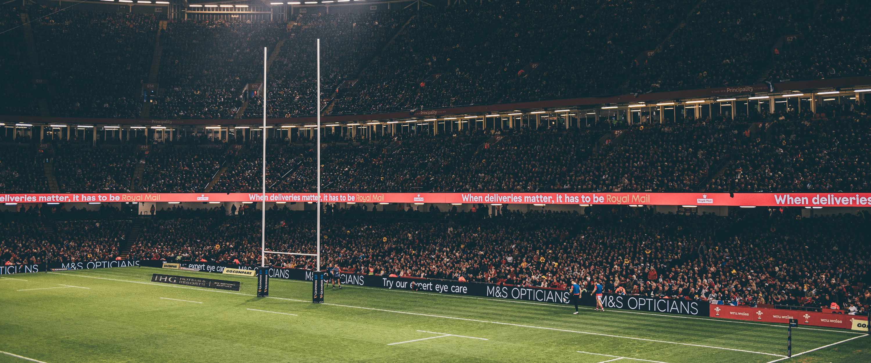 View of the rugby pitch and rugby goal for a Welsh Rugby match at Principality Stadium