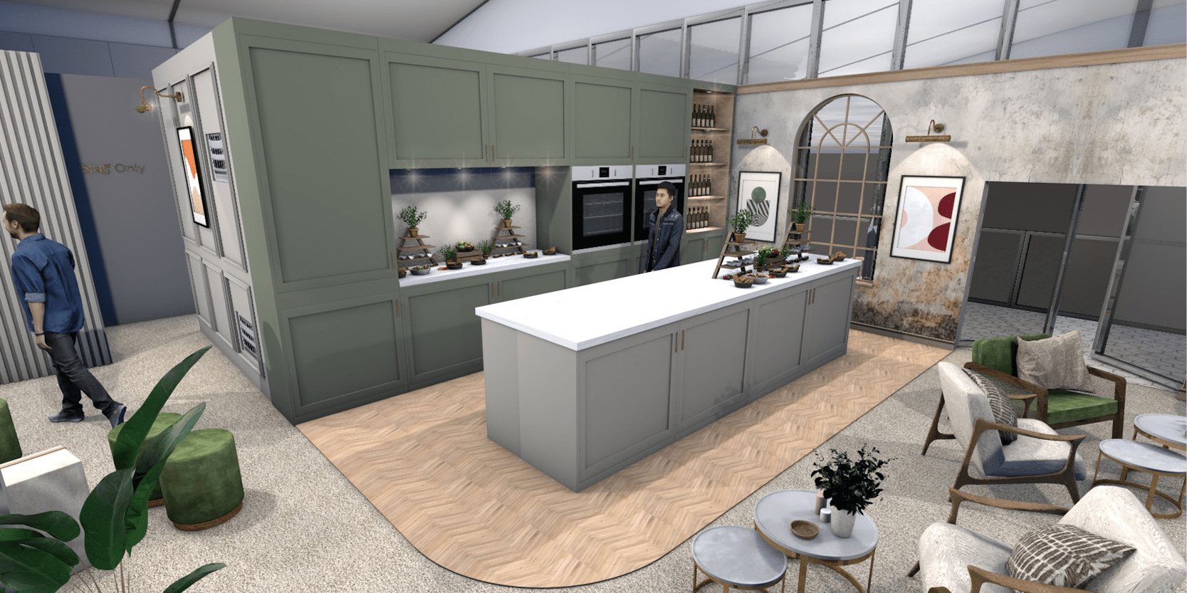 A computer generated image of the kitchen and seating area inside The View hospitality at The Queen's Club tennis
