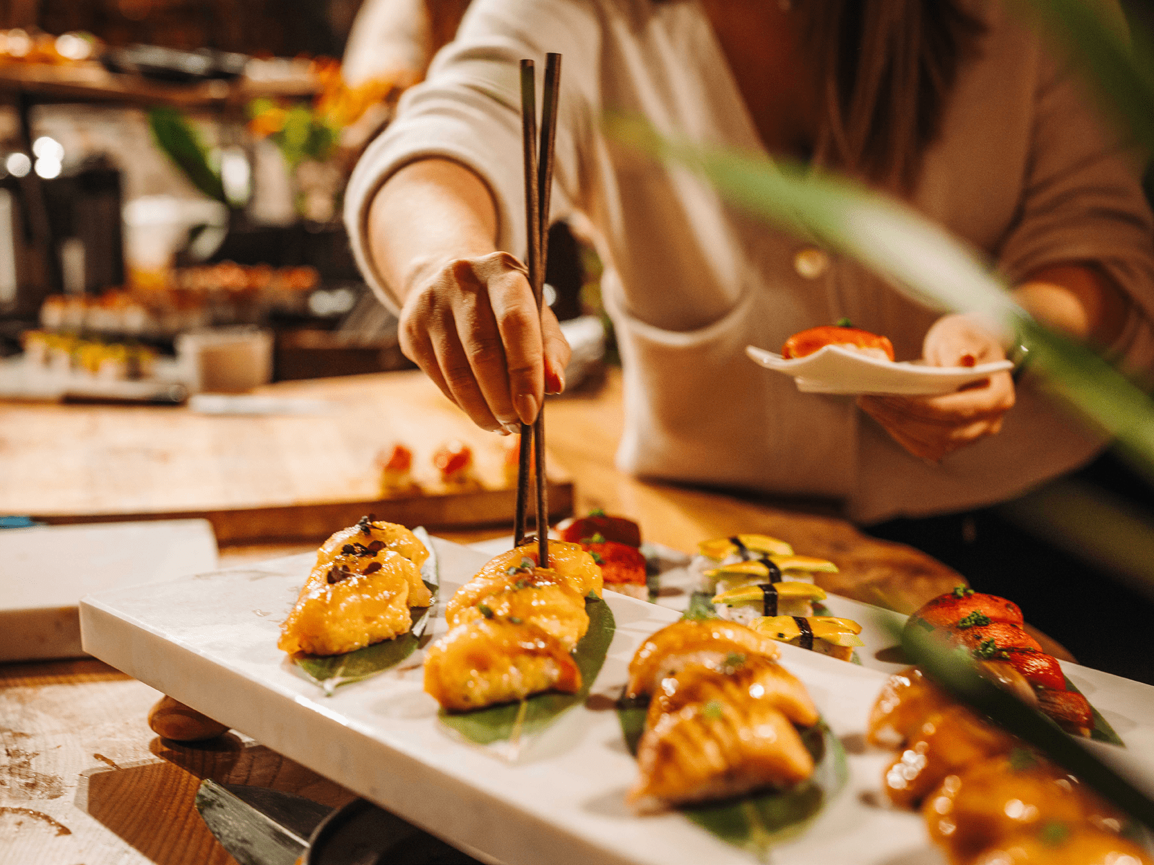 Sushi and Asian fusion food served at the food tasting for The View hospitality space at The Queen's Club tennis in 2025