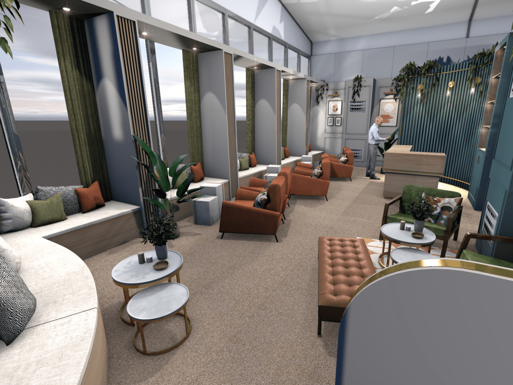 A computer generated image of the seating areas inside The View hospitality at The Queen's Club Tennis for 2025