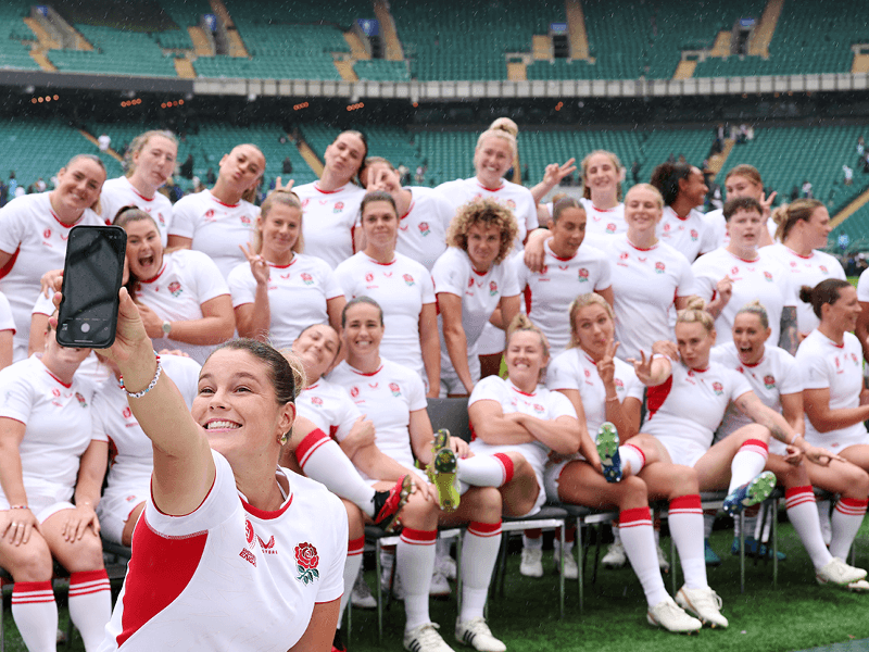 England's Red Roses taking a selfie at the home of England rugby - Allianz Stadium Twickenham