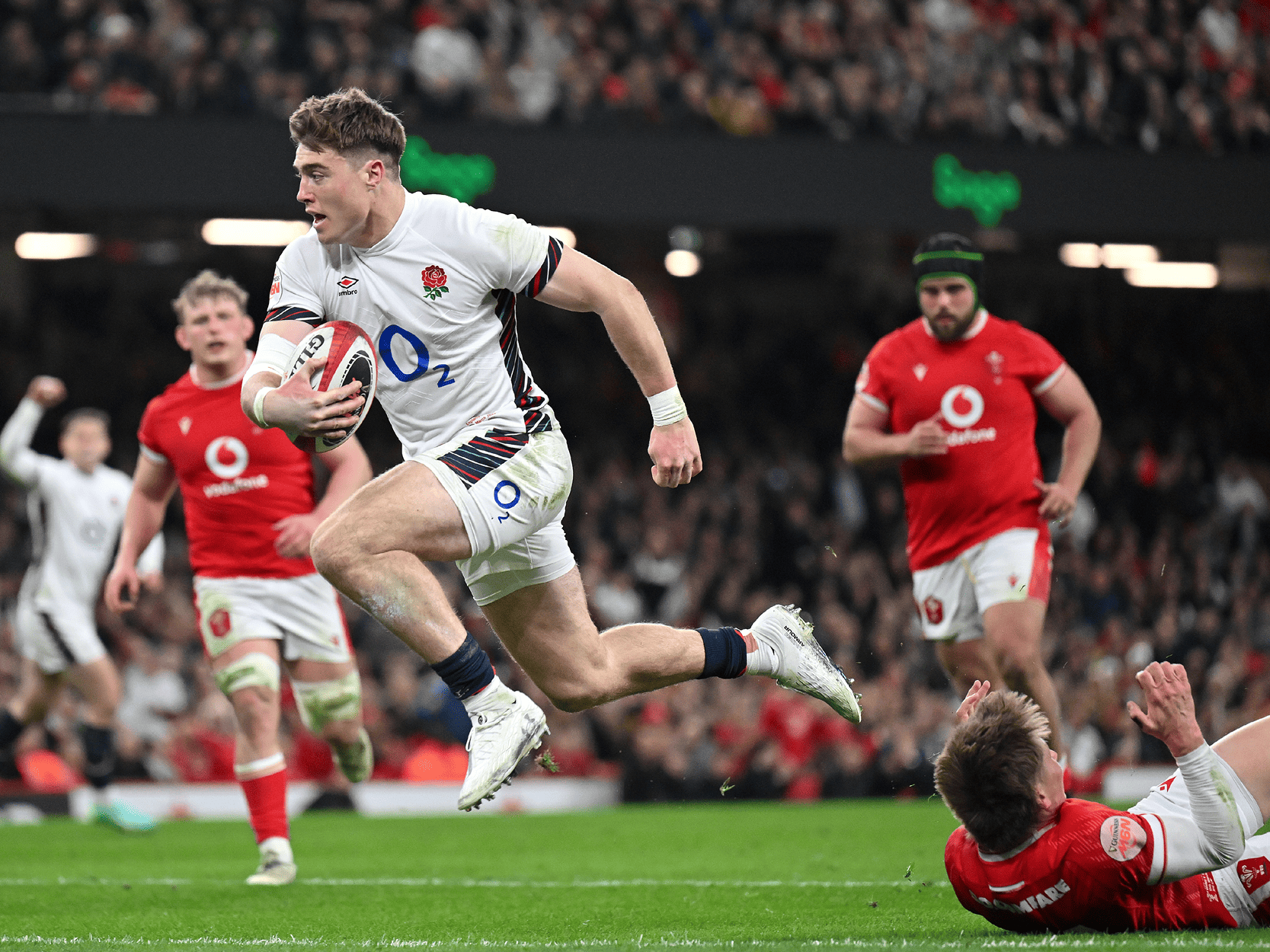 England Rugby men's team playing in a match against Wales at Principality Stadium