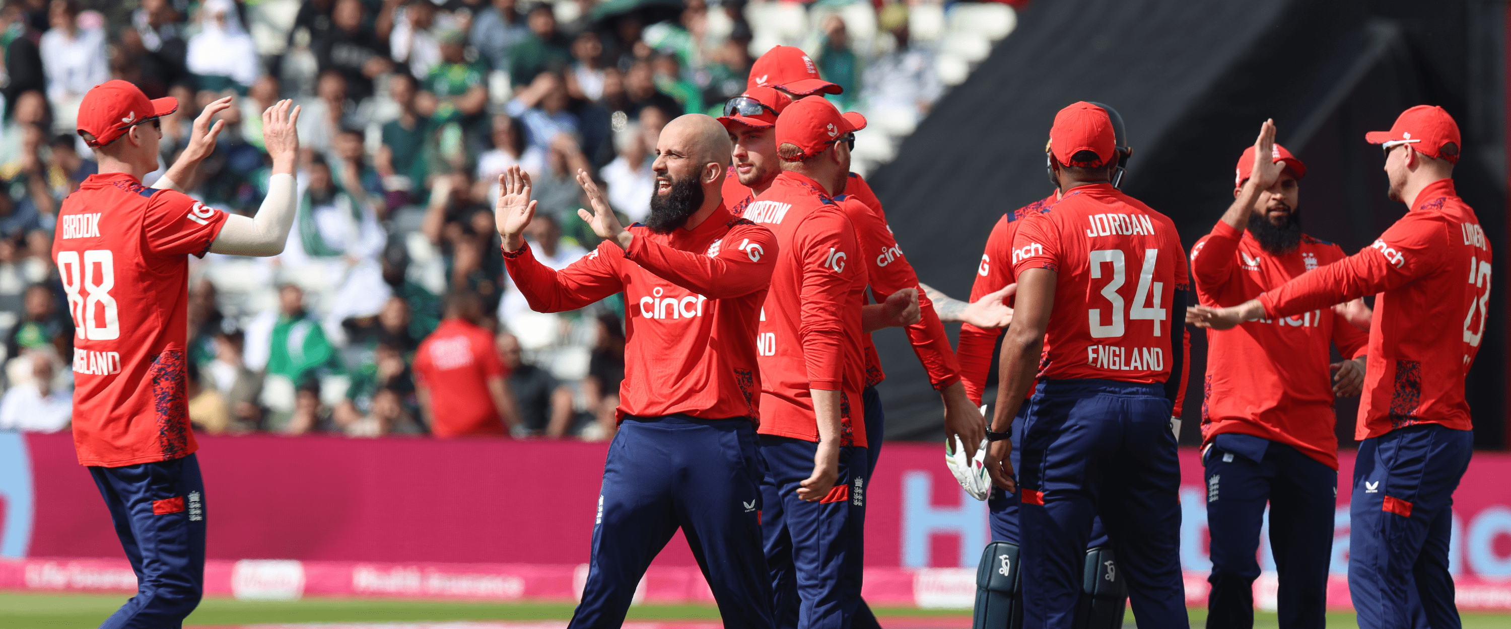 England IT20 Cricket team celebrating during a match on the pitch at Edagbaston Stadium