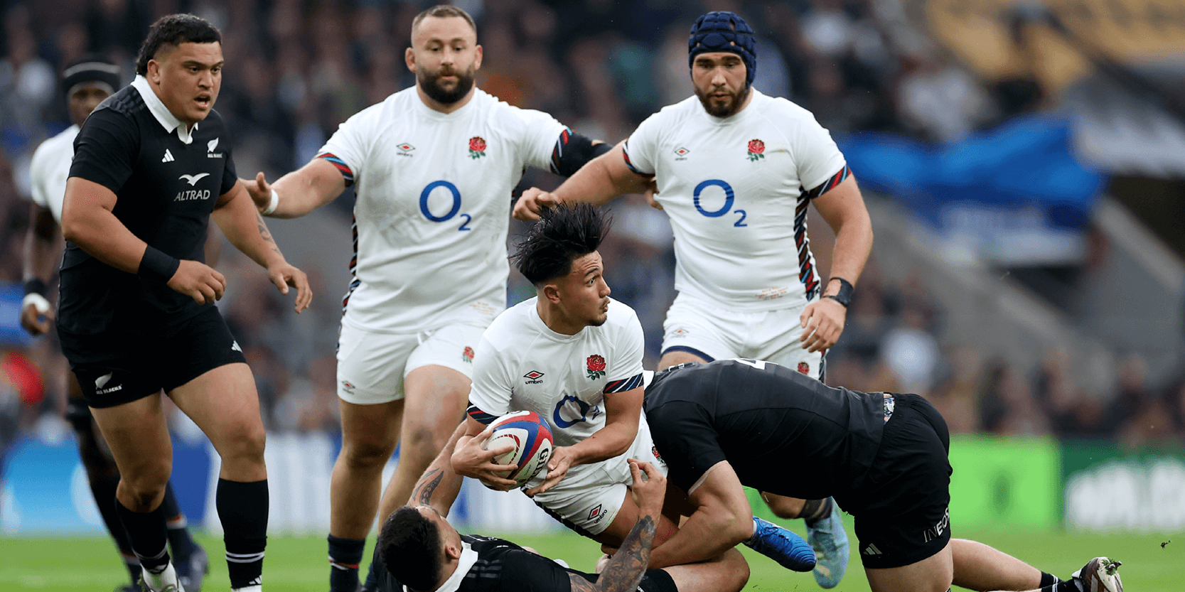 England rugby player Marcus Smith holding the ball during the England v New Zealand match at Allianz Stadium Twickenham in 2024