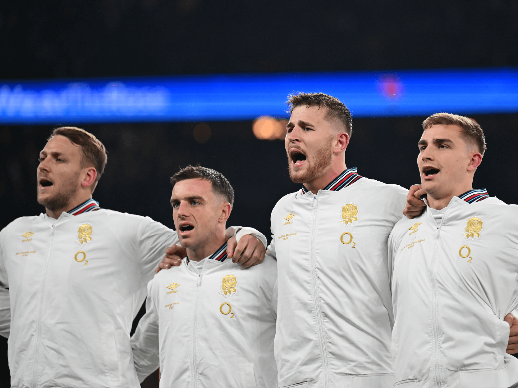 England rugby team singing the national anthem before a match at Allianz Stadium Twickenham 