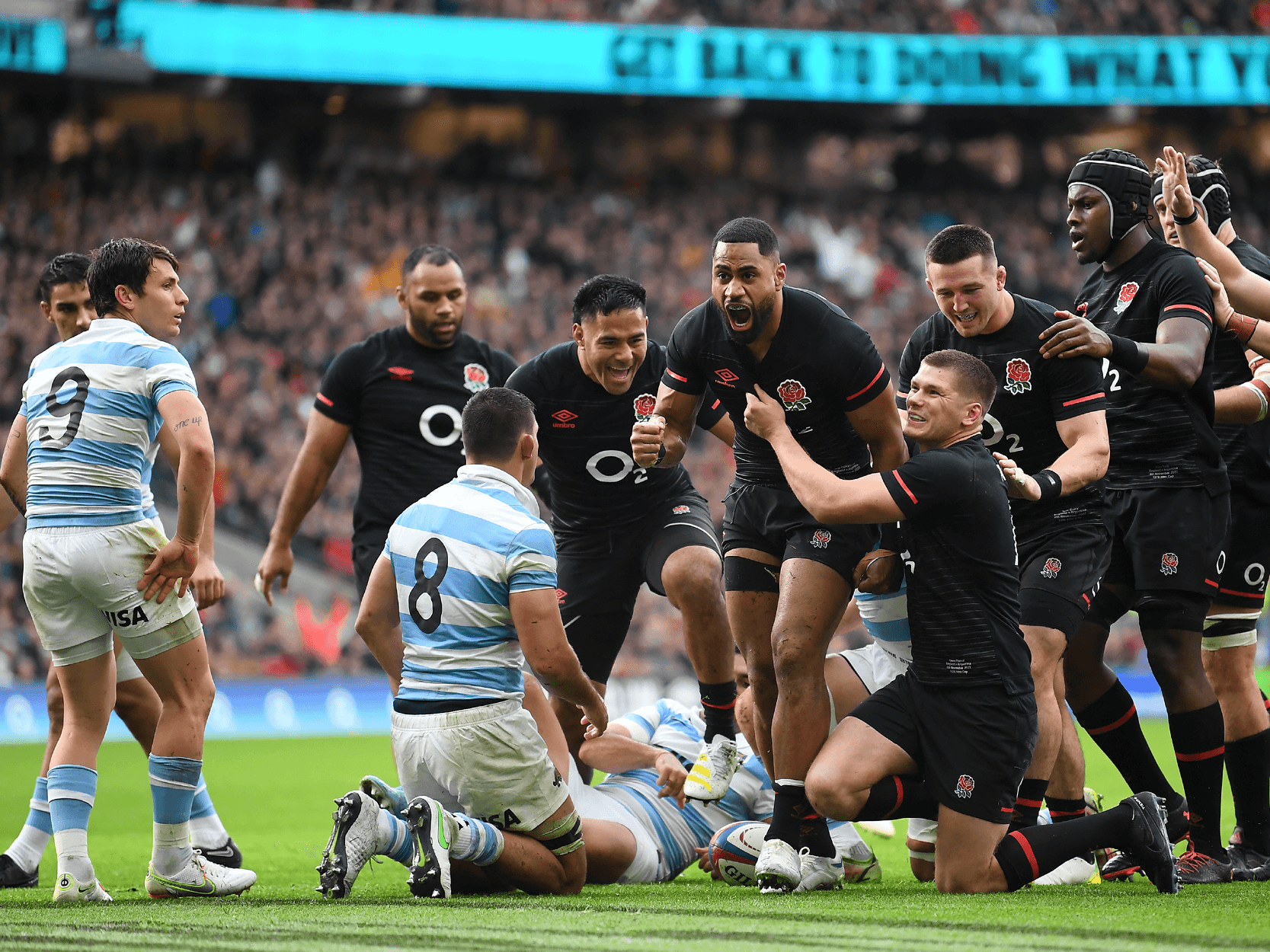 England rugby team celebrating a try against Argentina at Allianz Stadium Twickenham in the Autumn Nations Series tournament