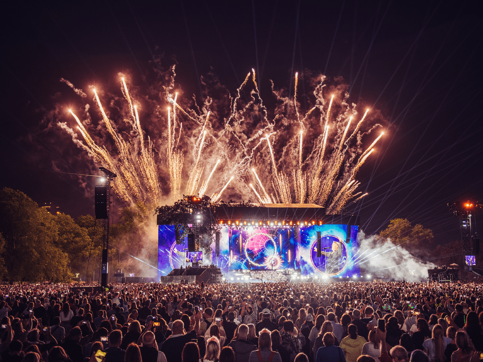 Fireworks over the Great Oak Stage during a perfromance at BST Hyde Park