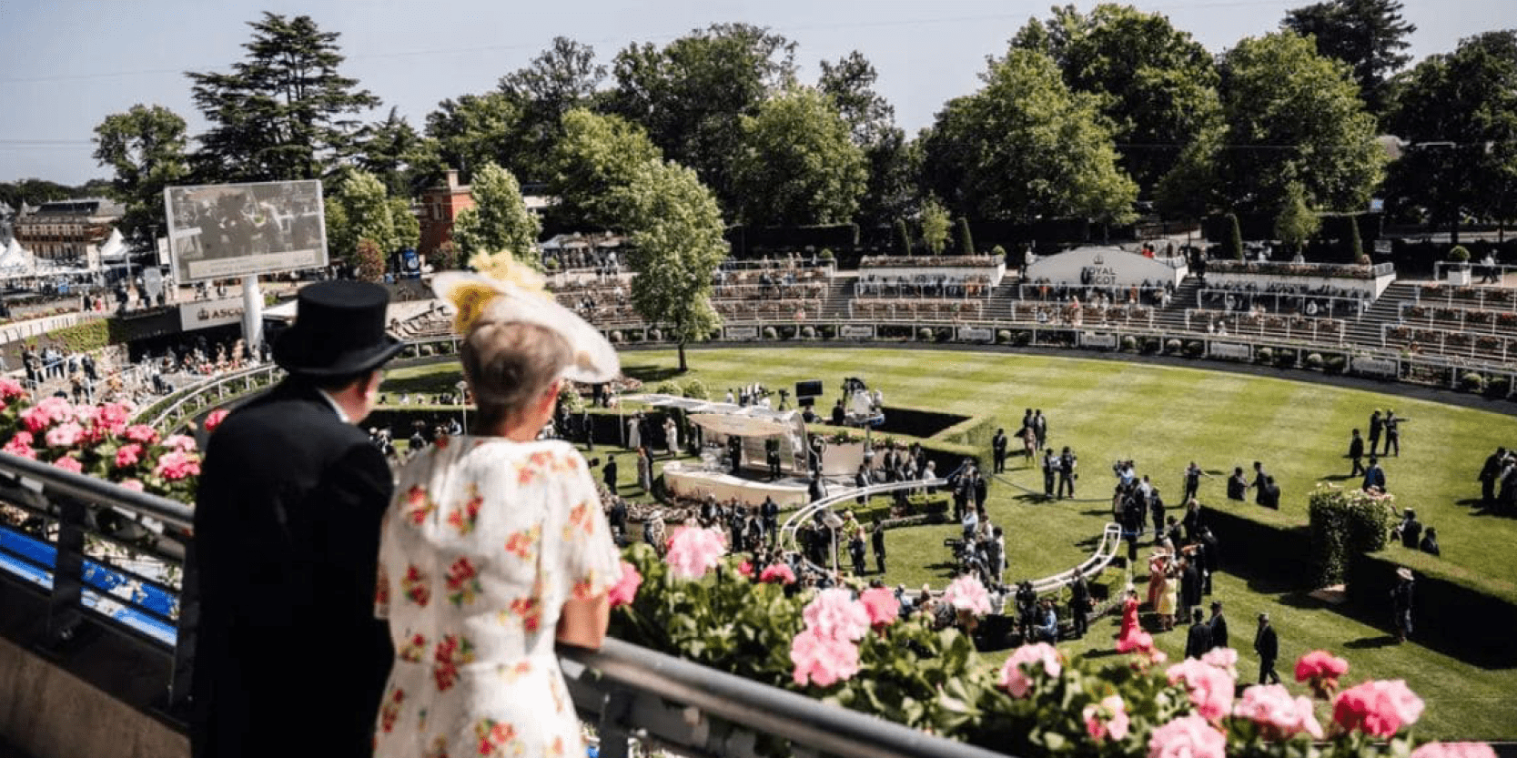 Guests overlooking the Parade Ring at Royal Ascot from the hospitality area during the event