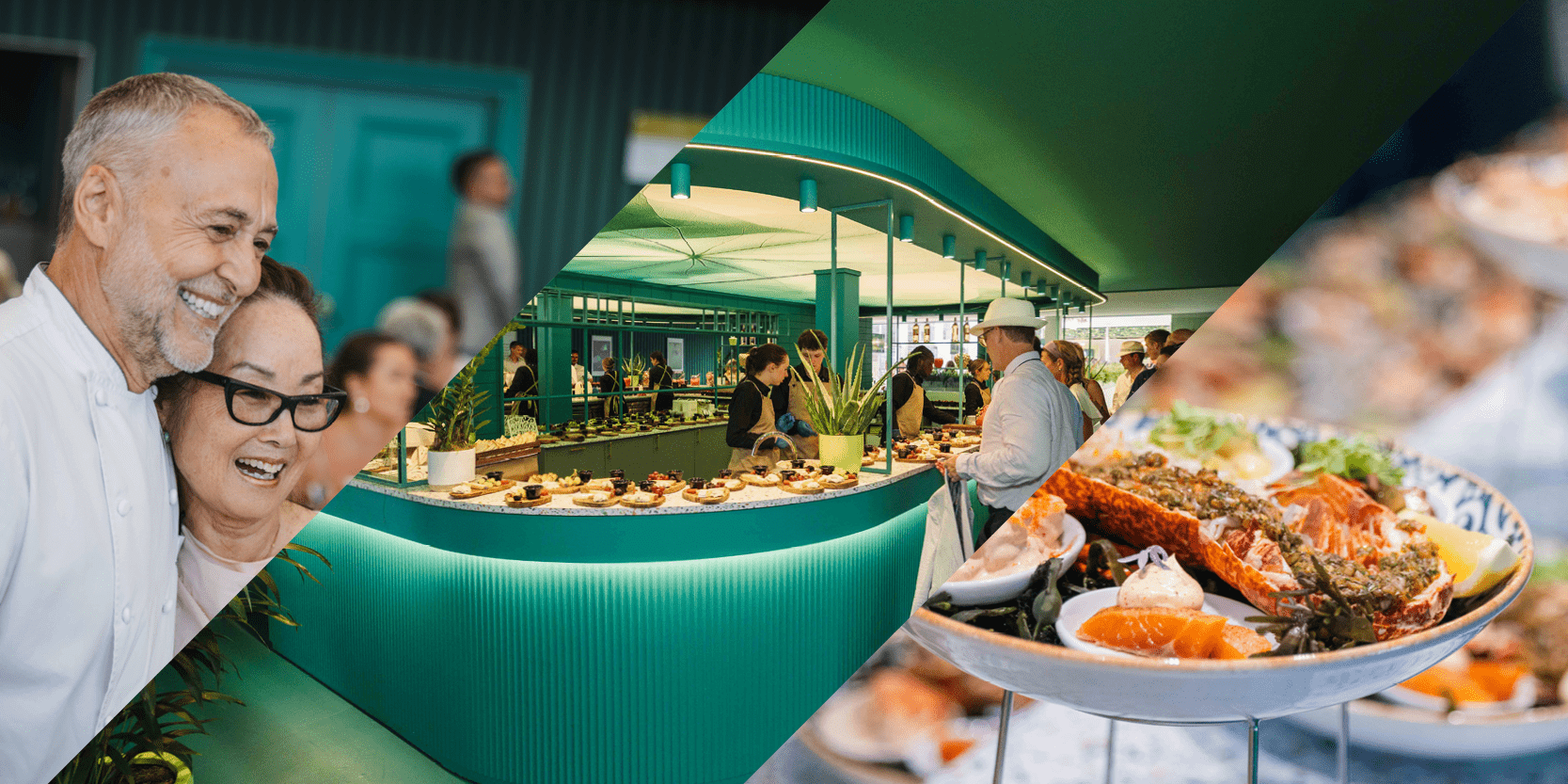 Collage of images from The Lawn hospitality with Keith Prowse at Wimbledon with Michel Roux smiling with a guest, the new seafood bar and seafood platter