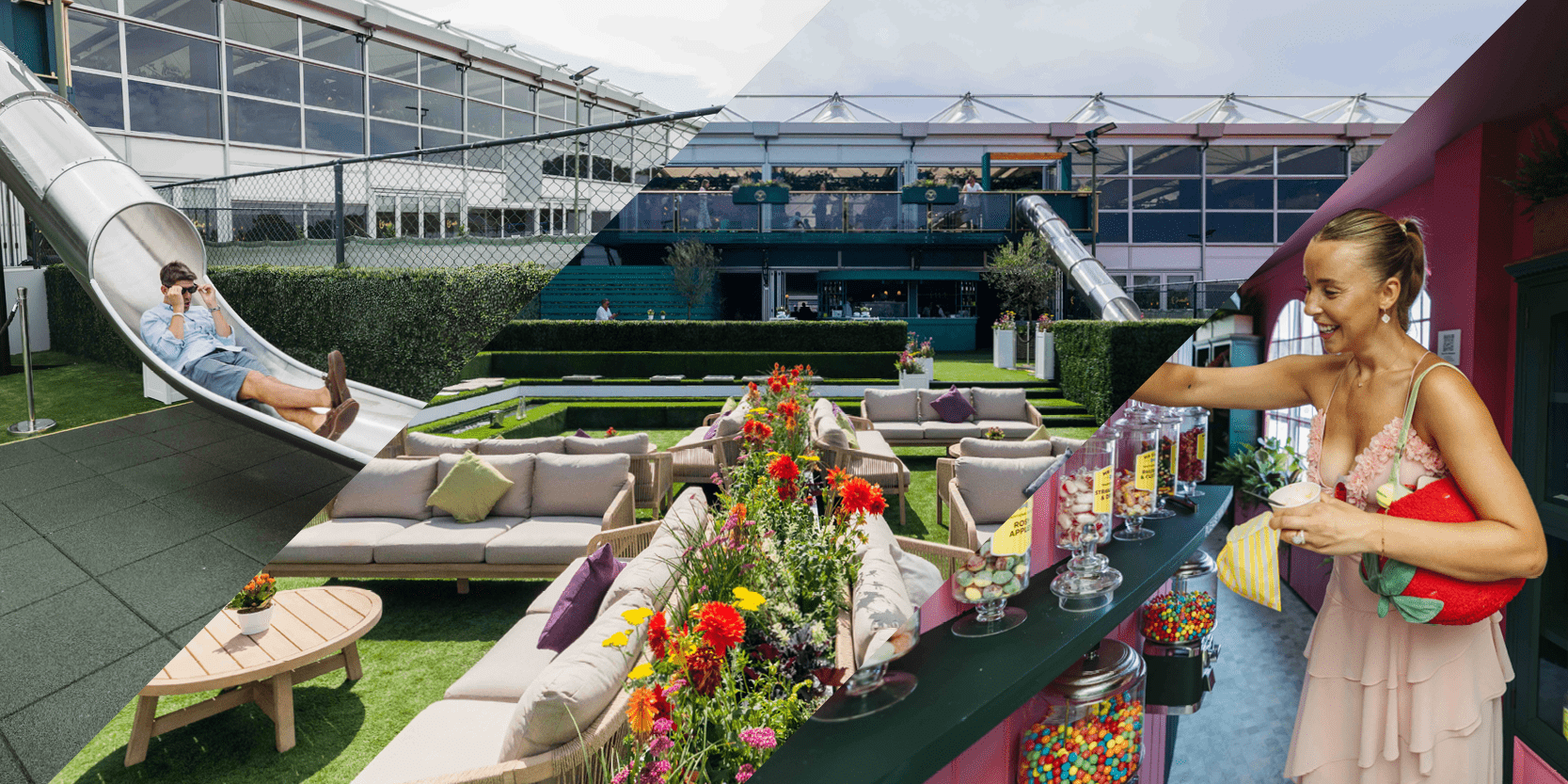 Collage of images from The Lawn and The Treehouse hospitality with Keith Prowse at Wimbledon including a guest going down a slide, sweet shop and garden area