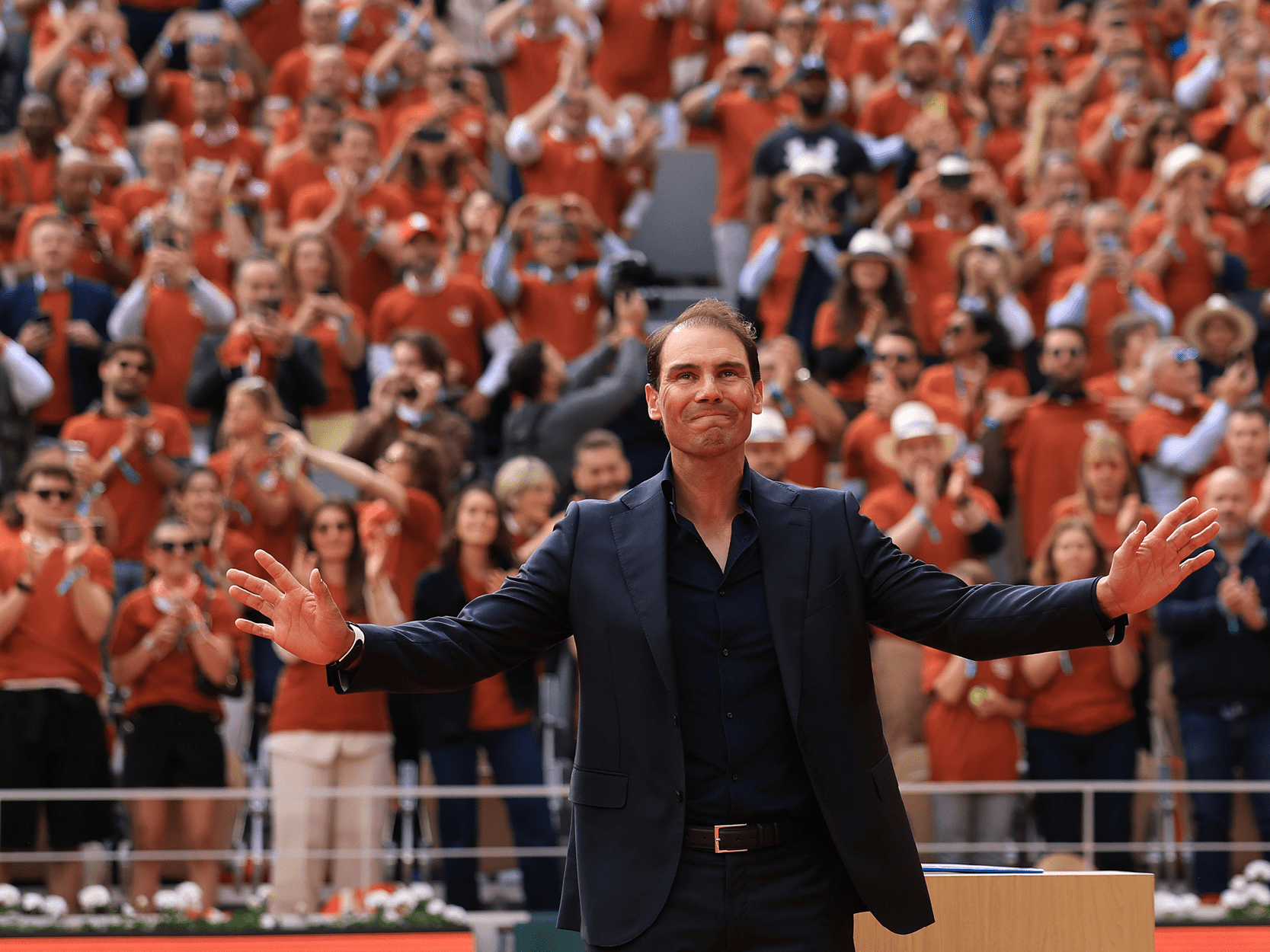 Spanish tennis player Rafa Nadal on court at the 2025 French Open for his retirement ceremony celebrating his career in tennis