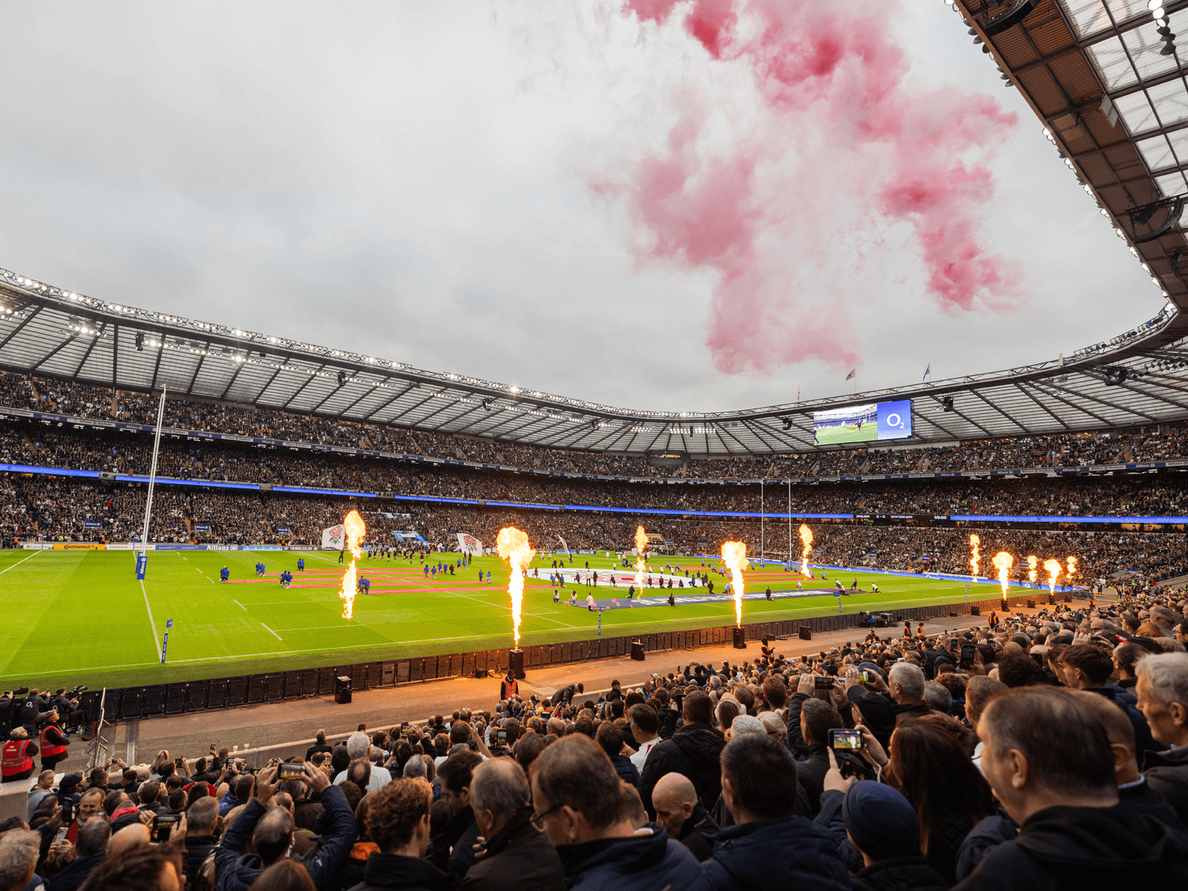 Fireworks and fire cannons on the pitch at the start of an England Rugby match at Allianz Stadium, Twickenham 