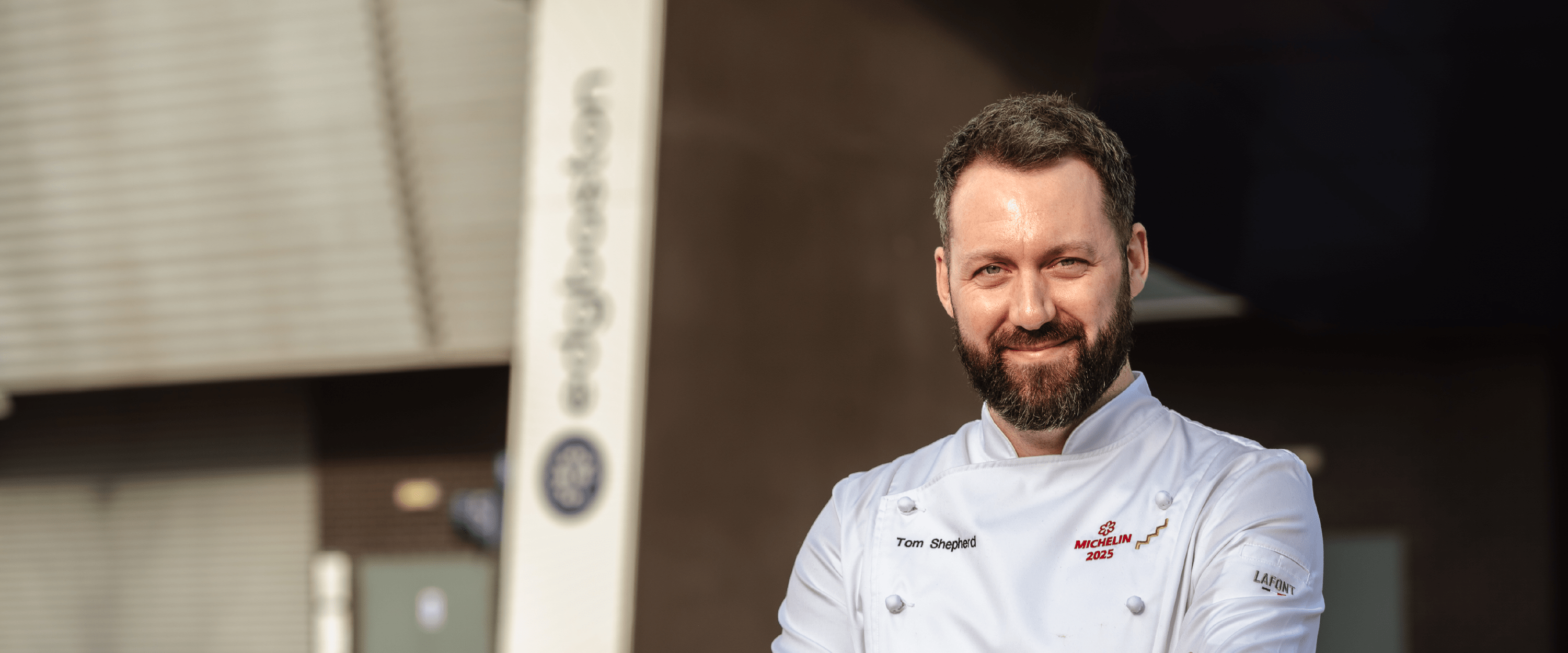 Chef of Michelin star restaurant Tom Shepherd standing outside Edgbaston Cricket Stadium before the menu tasting for major match days in the Warwickshire Suite in 2025