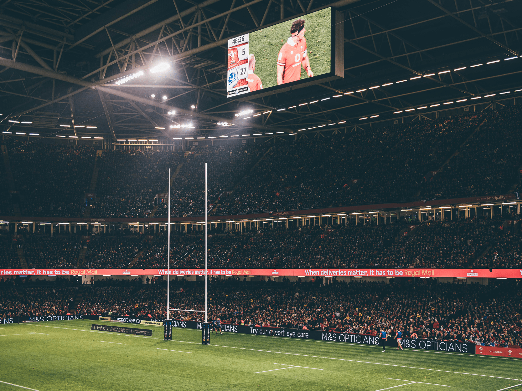 View of the crowd and the goal at Principality Stadium