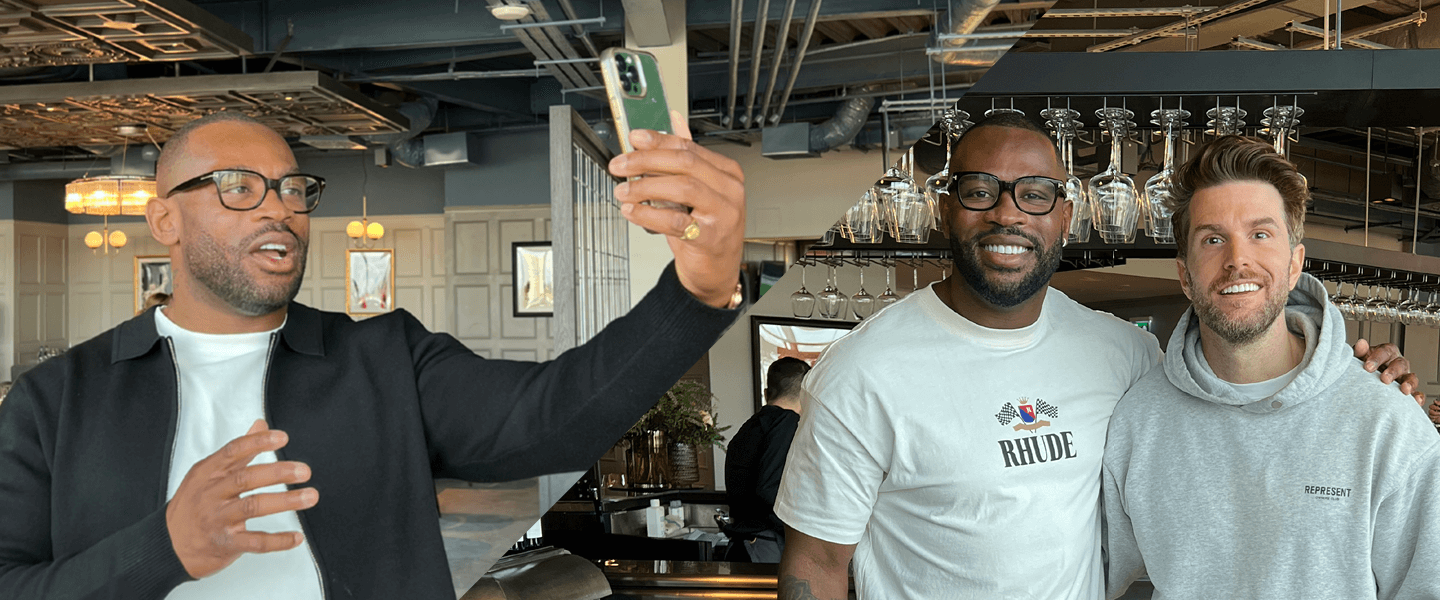 Ugo Monye with Joel Dommett in The East Wing facility at the home of the england rugby - Allianz Stadium